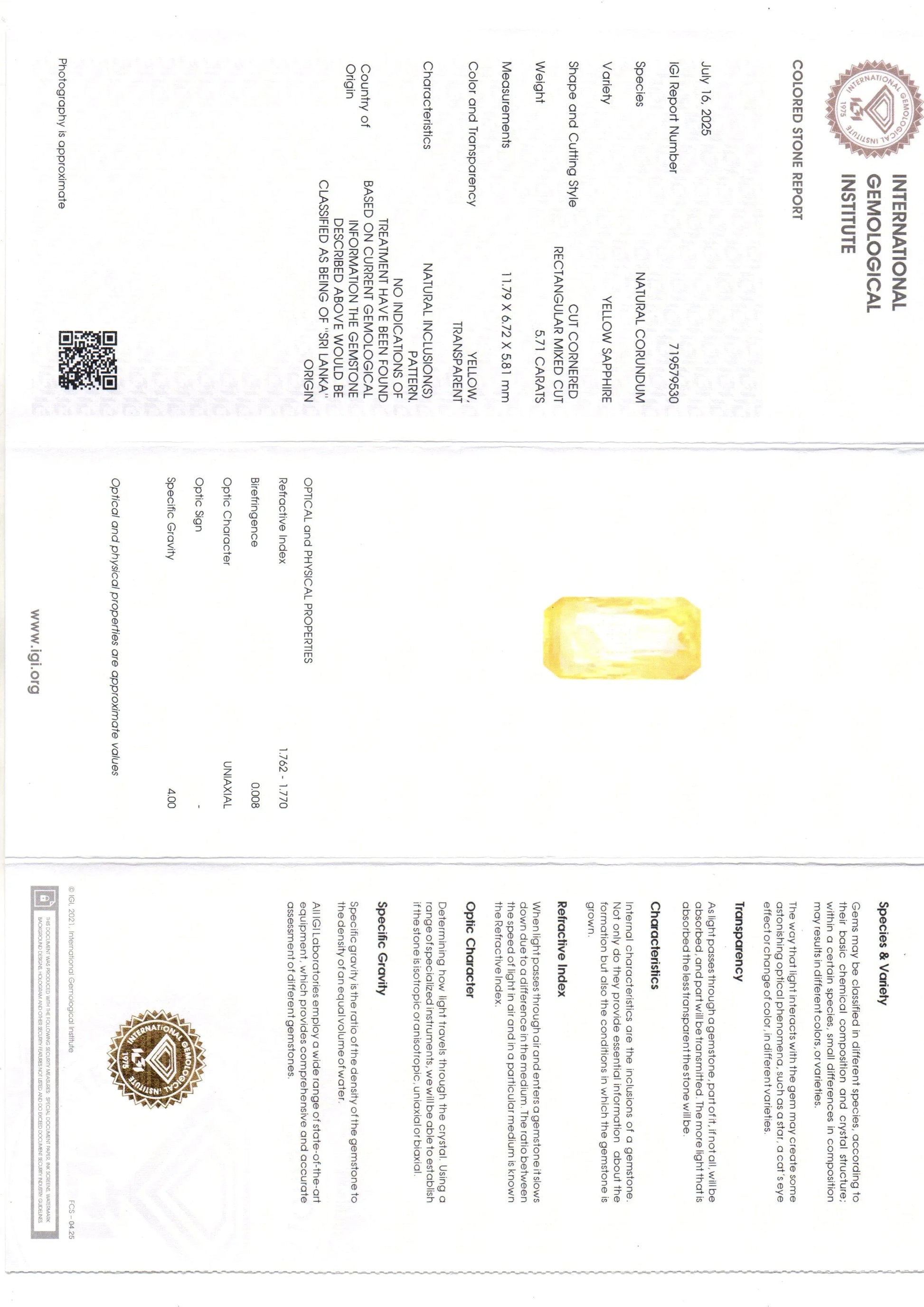 5.71 Ct IGI Certified Unheated Untreated Natural Ceylon Yellow Sapphire - Venus Gems