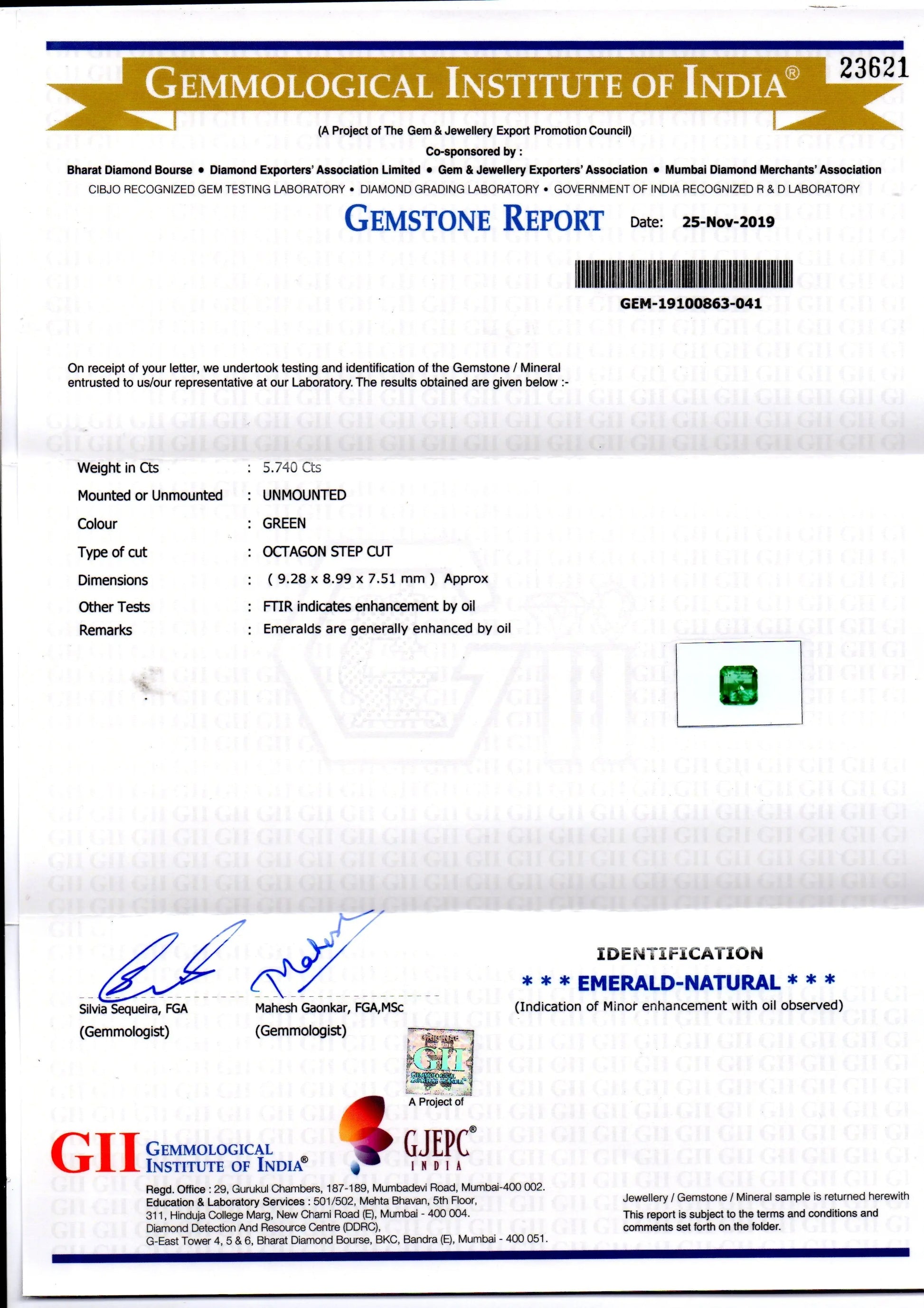 5.74 Ct GII Certified Untreated Natural Zambian Emerald Gems AAAAA