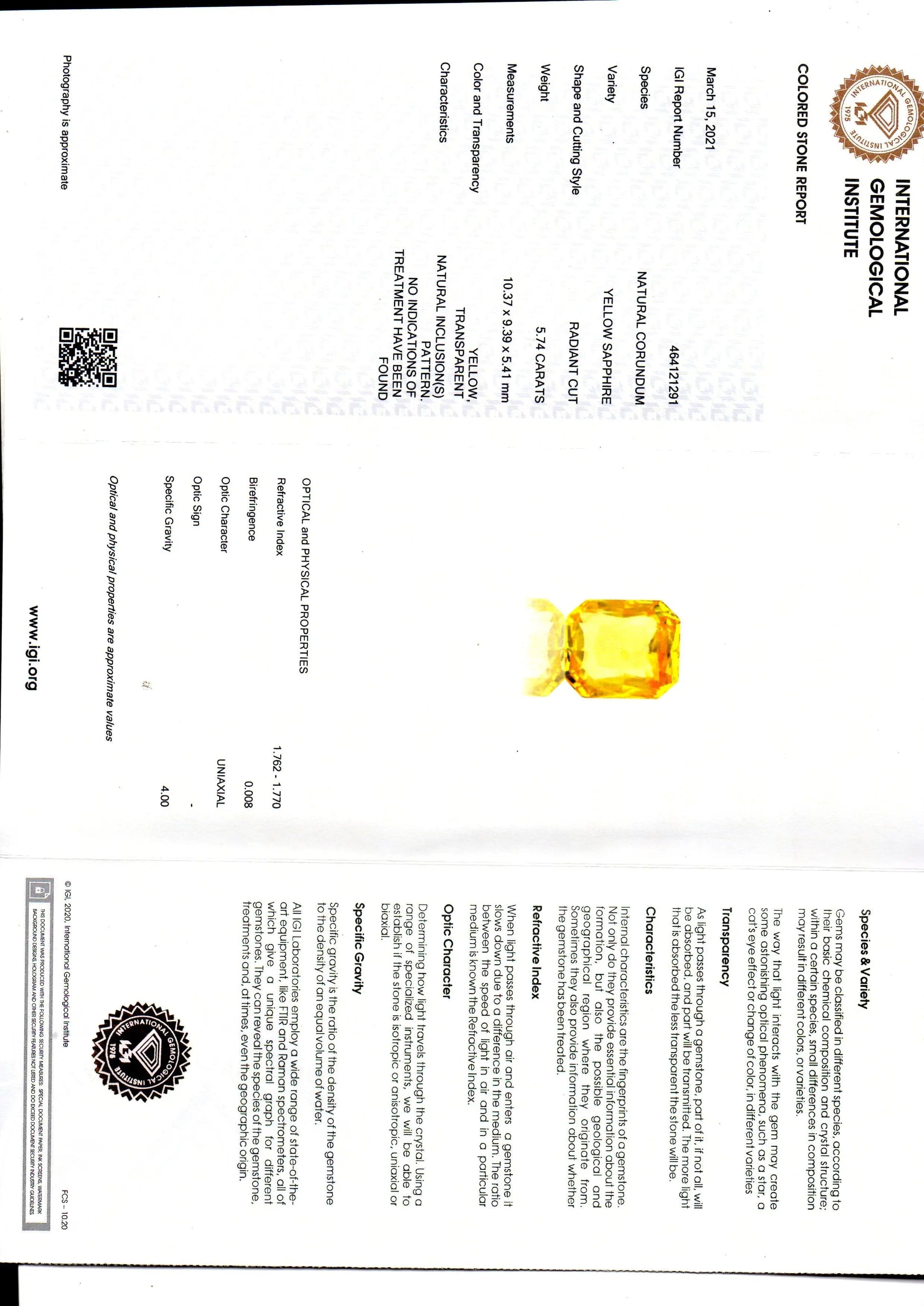 5.74 Ct IGI Certified Unheated Untreated Natural Ceylon Yellow Sapphire AAA