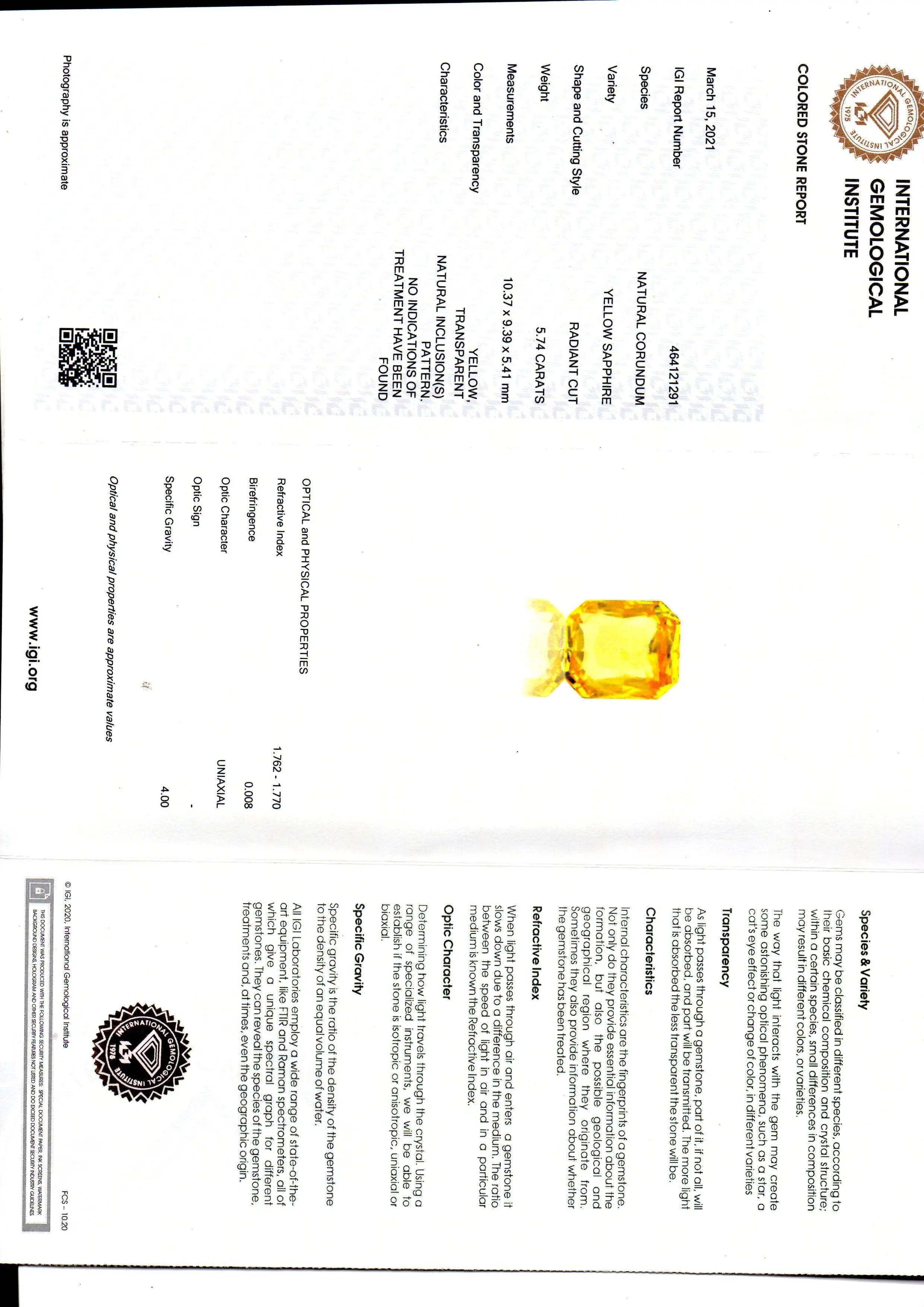 5.74 Ct IGI Certified Unheated Untreated Natural Ceylon Yellow Sapphire AAA