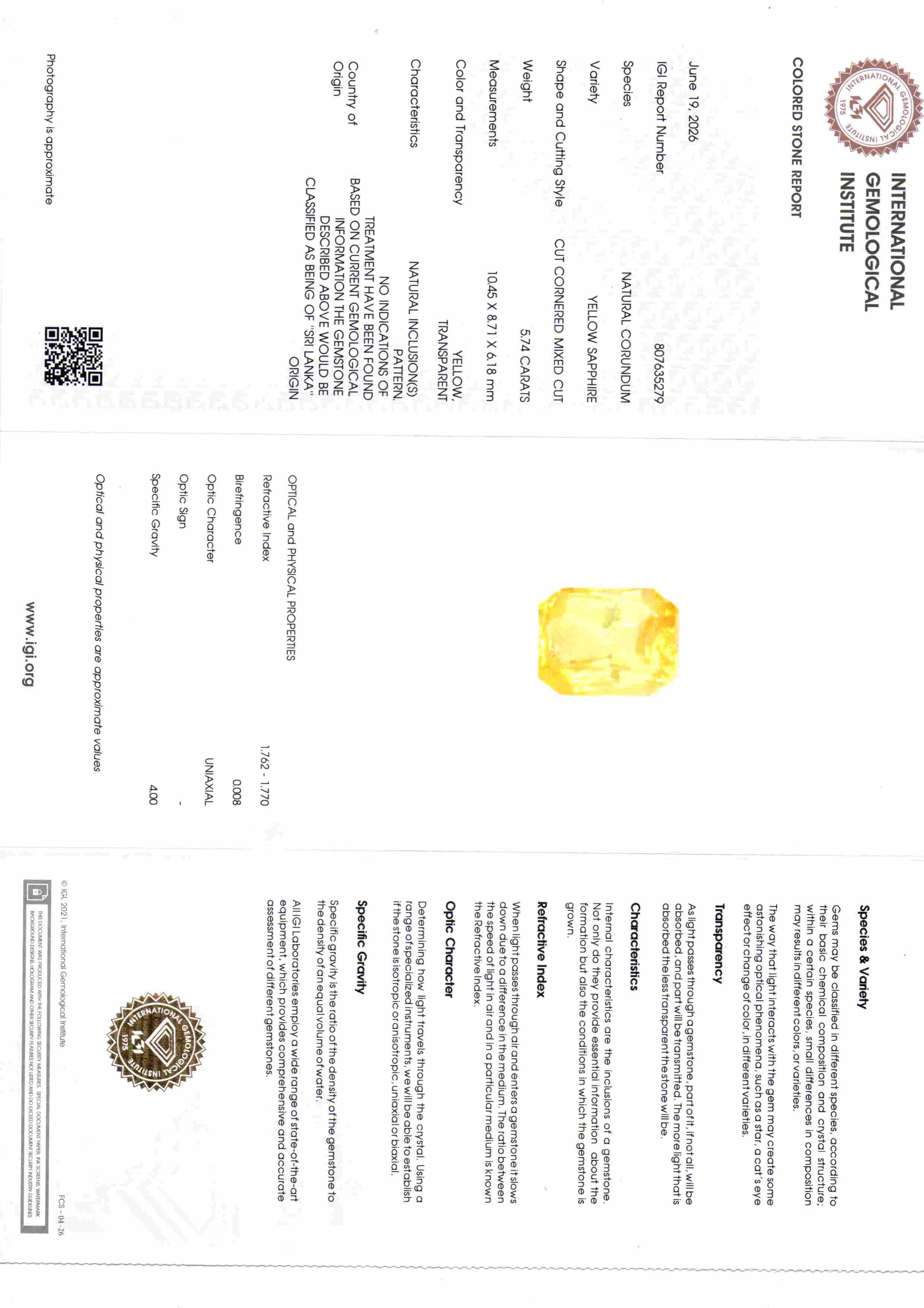 5.74 Ct IGI Certified Unheated Natural Ceylon Yellow Sapphire Pukhraj – 6.30 Ratti