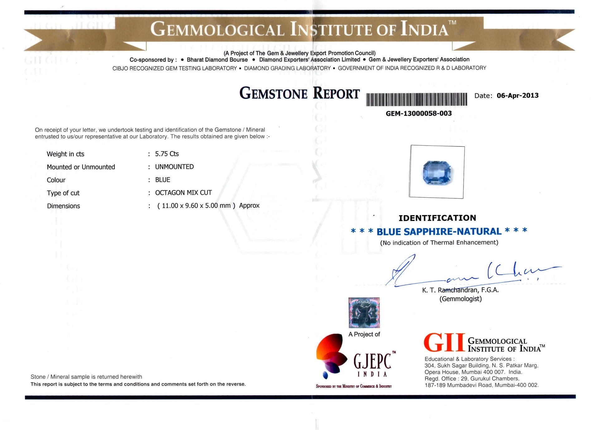 5.75 Ct Unheated Untreted Certified Natural Ceylon Blue Sapphire
