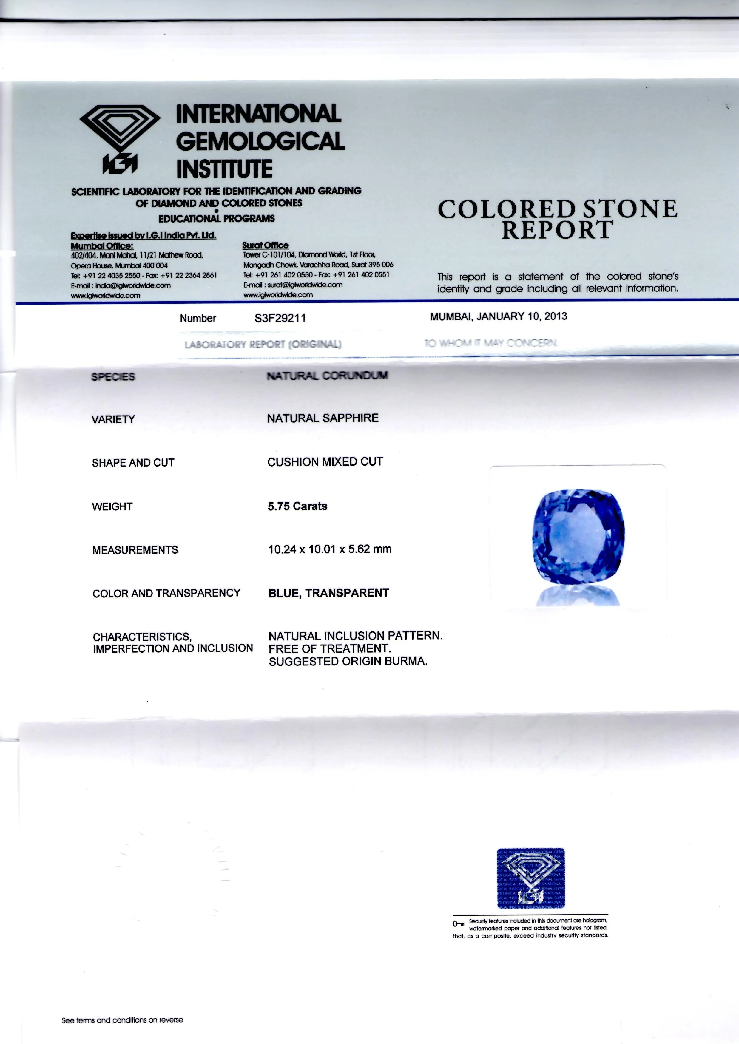 5.75 Ct IGI Cerified Unheated Untreated Natural Burma Blue Sapphire