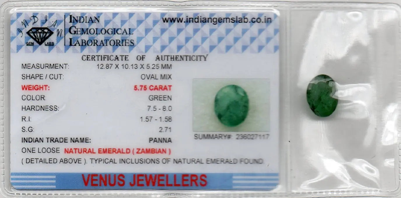5.75 Ct Certified Untreated Natural Zambian Emerald Panna Gemstone