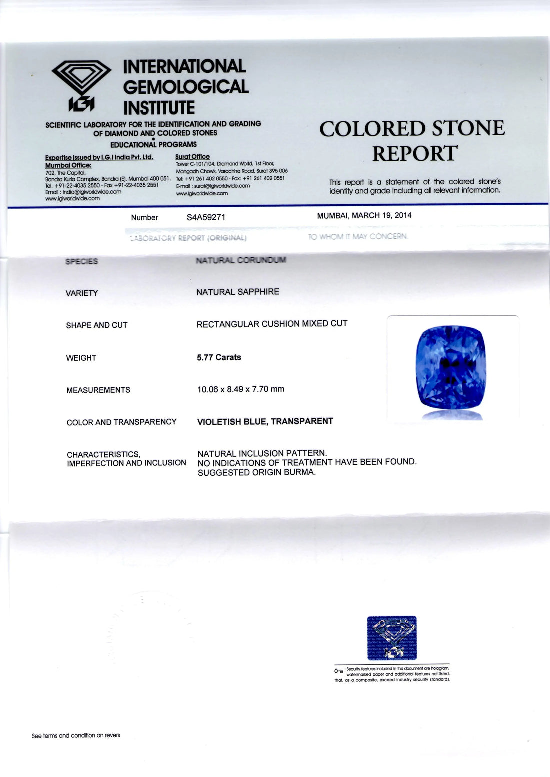 5.77 Ct Unheated Untreated Natural BURMA Blue Sapphire Neelam AA