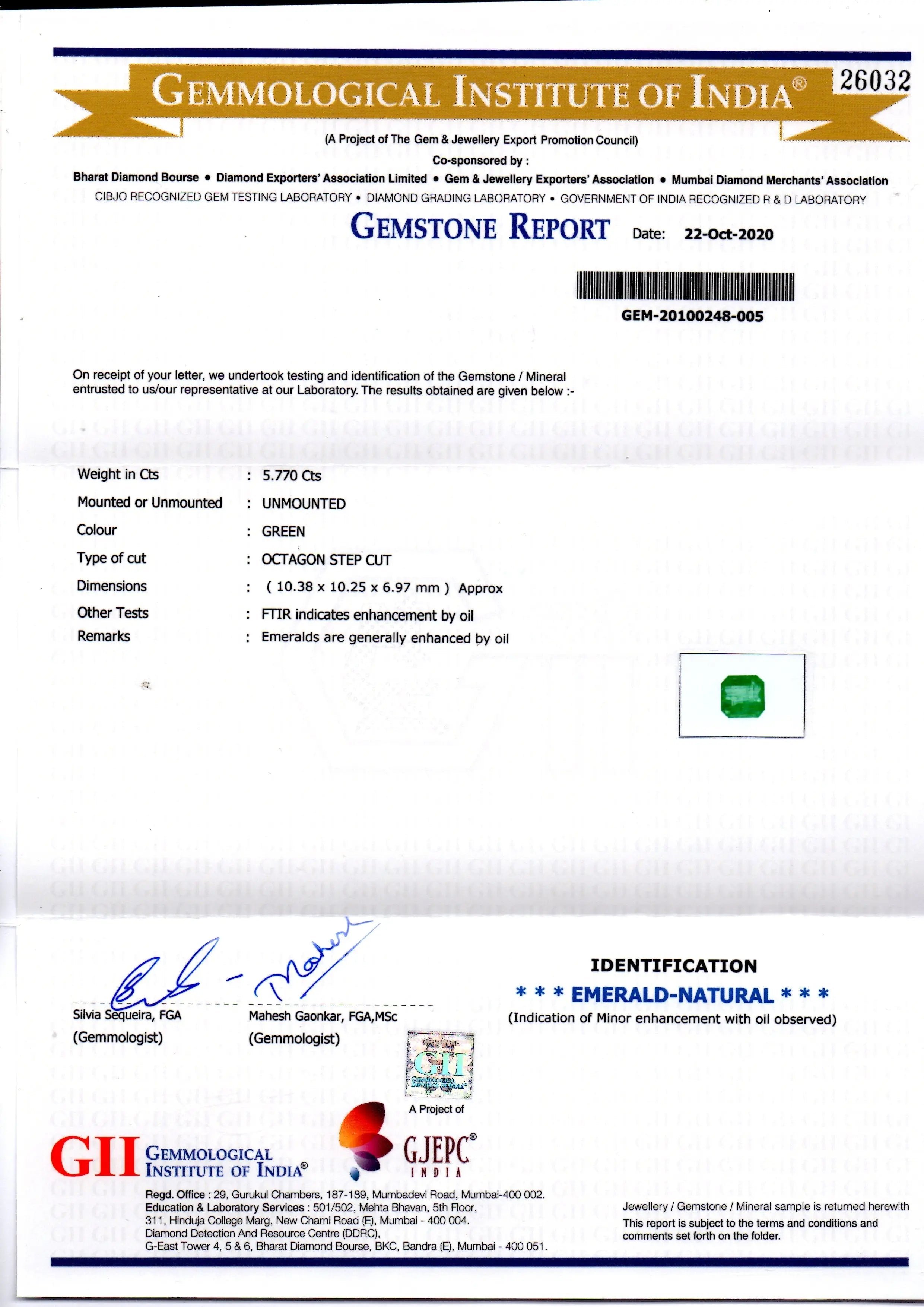 5.77 Ct GII Certified Untreated Natural Zambian Emerald Gems AAA