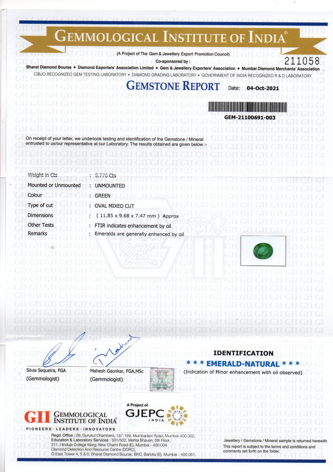 5.77 Ct GII Certified Untreated Natural Zambian Emerald Gemstone AAA