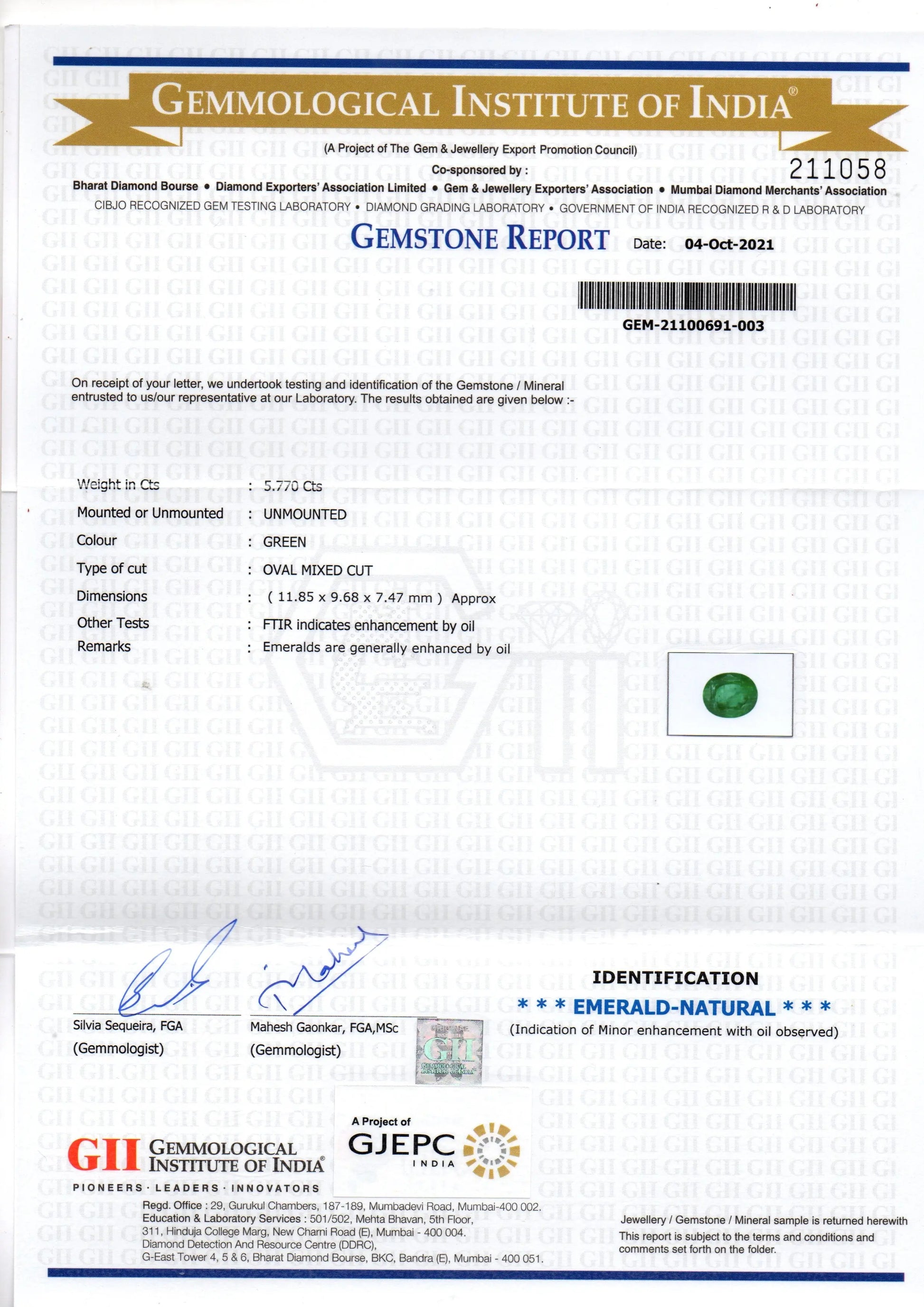 5.77 Ct GII Certified Untreated Natural Zambian Emerald Gemstone AAA