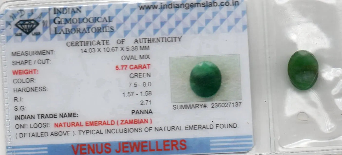5.77 Ct Certified Untreated Natural Zambian Emerald Panna Gemstone