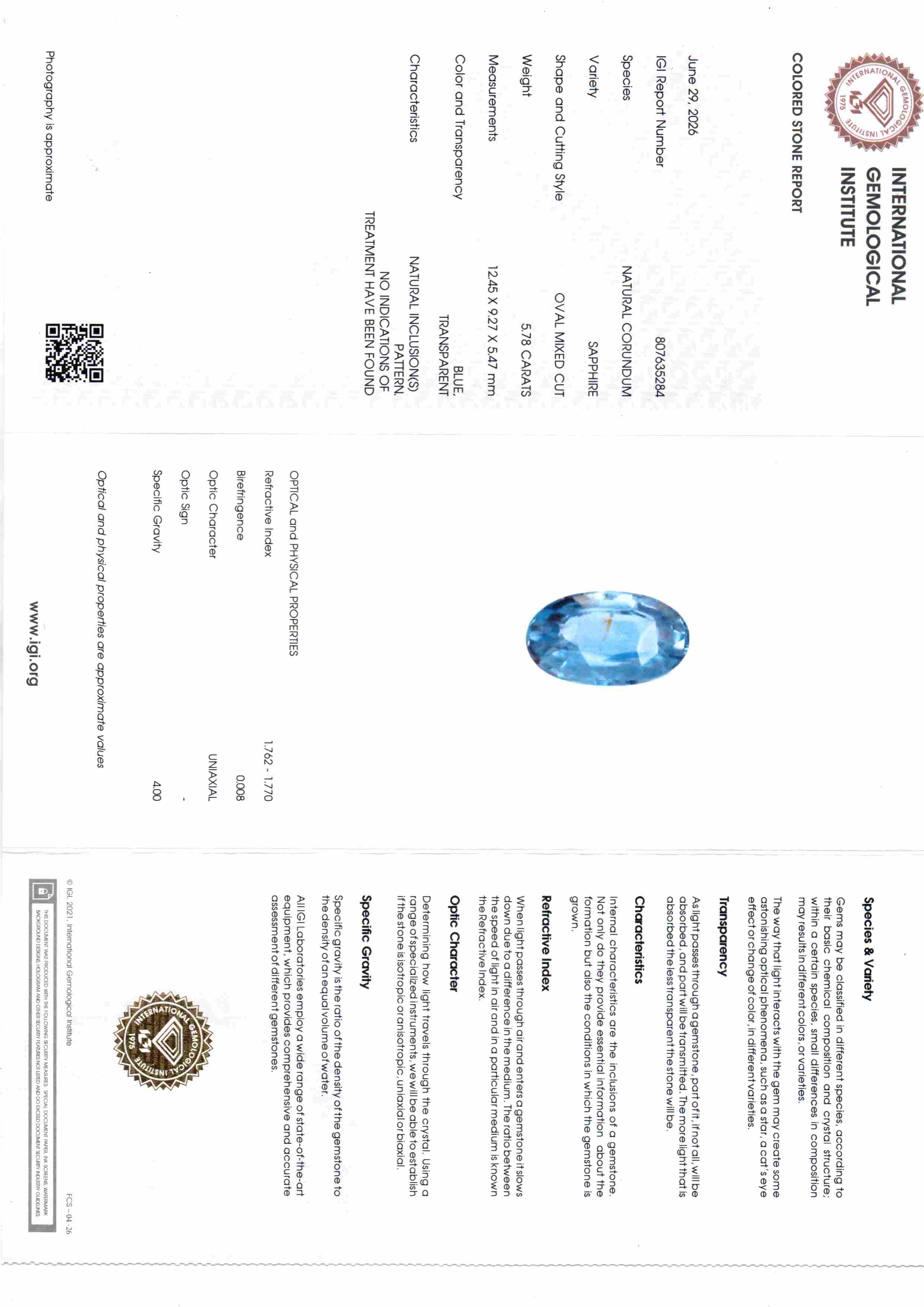 5.78 Carat IGI Certified Unheated Natural Ceylon Blue Sapphire Neelam – 6.35 Ratti