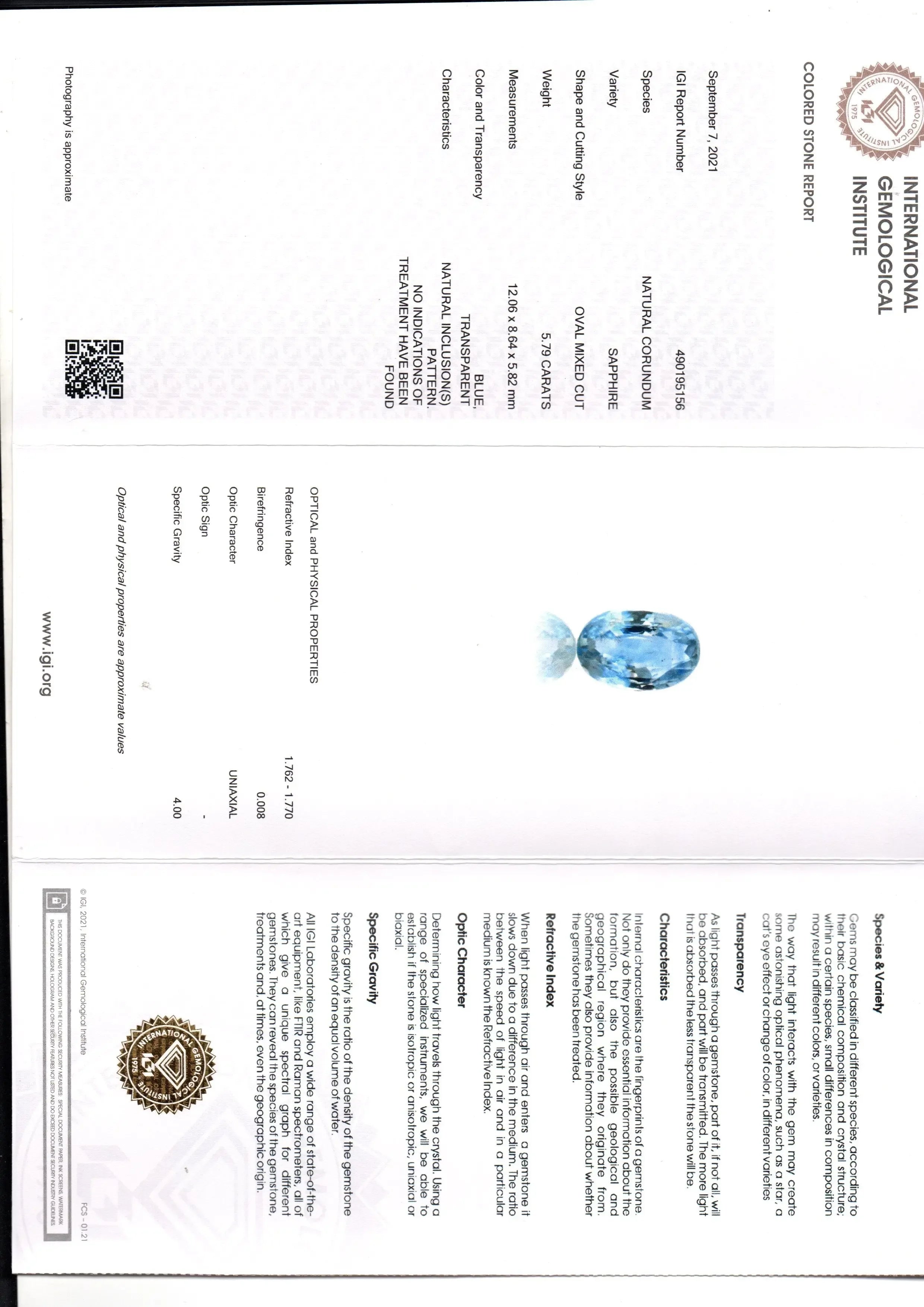 5.79 Ct IGI Certified Unheated Untreated Natural Ceylon Blue Sapphire - Venus Gems