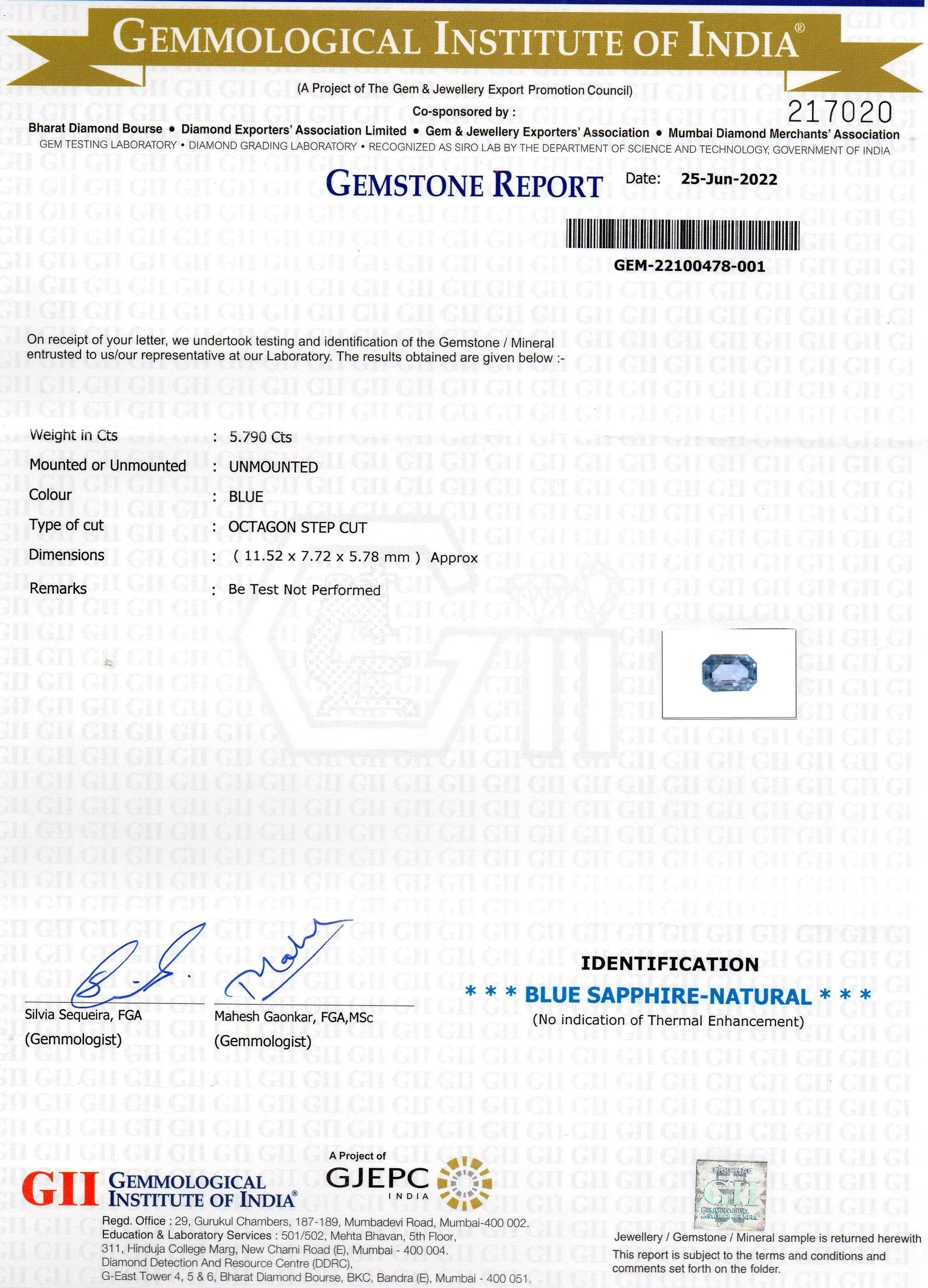5.79 Ct GII Certified Unheated Untreated Natural Ceylon Blue Sapphire