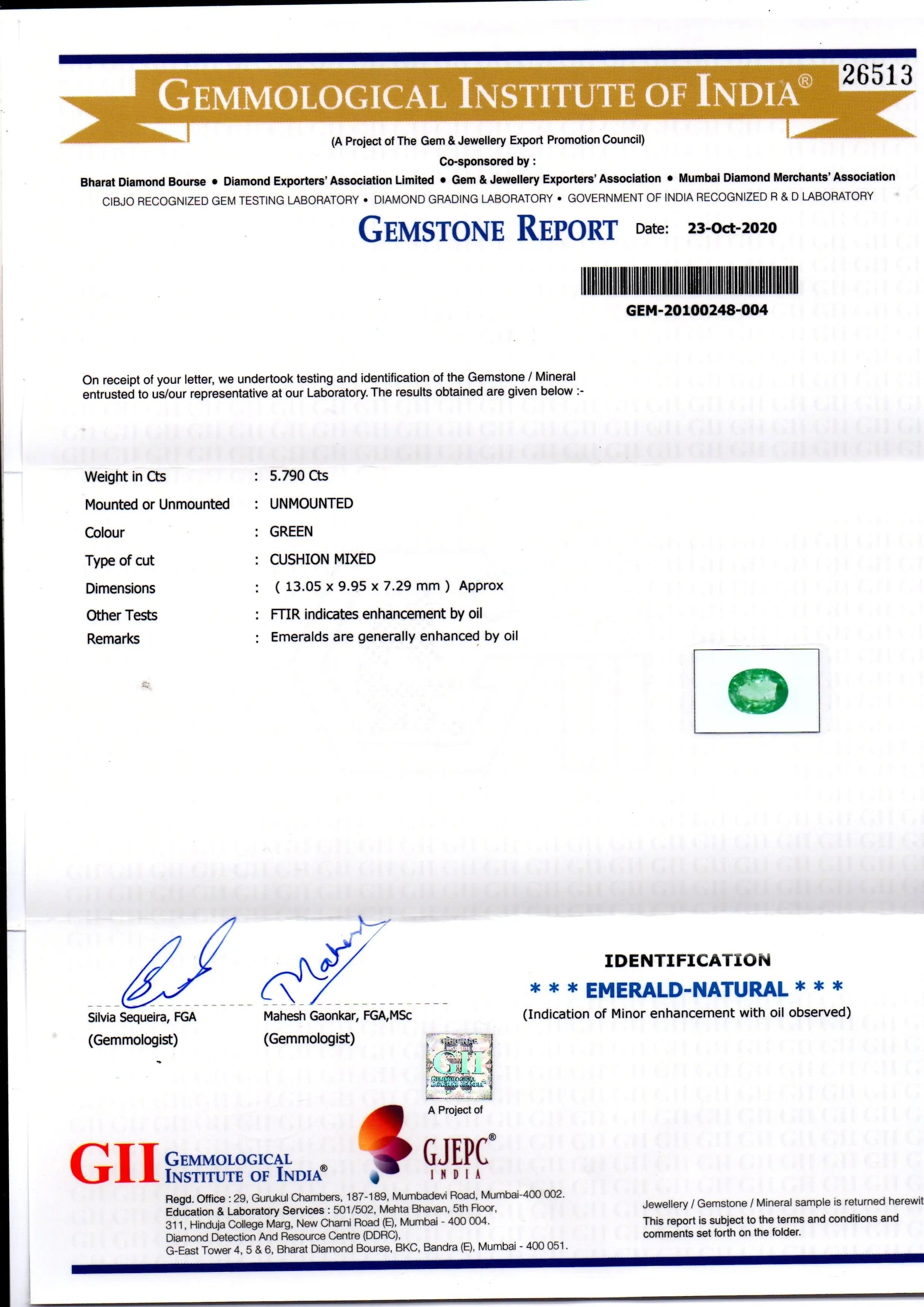 5.79 Ct GII Certified Untreated Natural Zambian Emerald Gems AAA