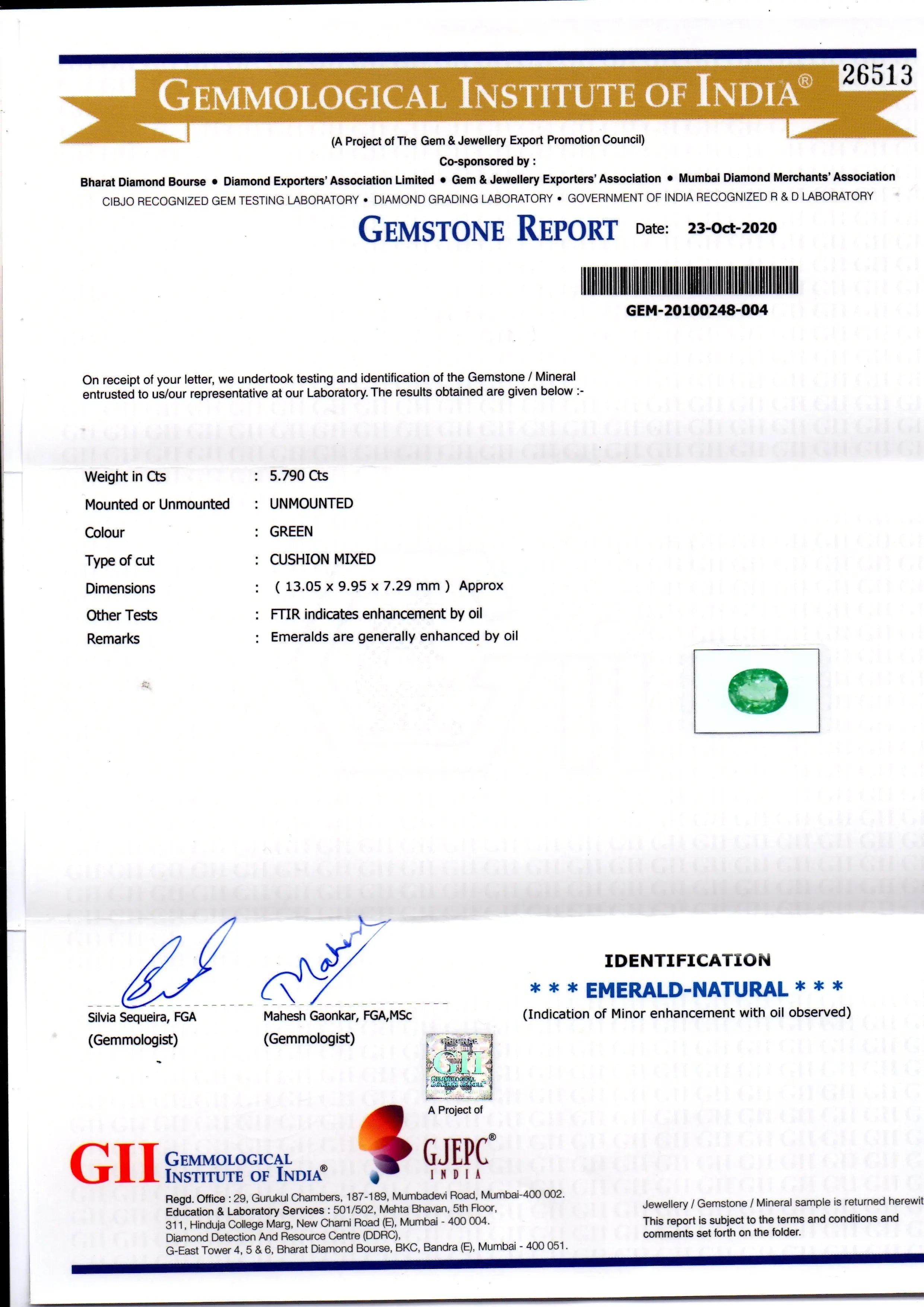 5.79 Ct GII Certified Untreated Natural Zambian Emerald Gems AAA