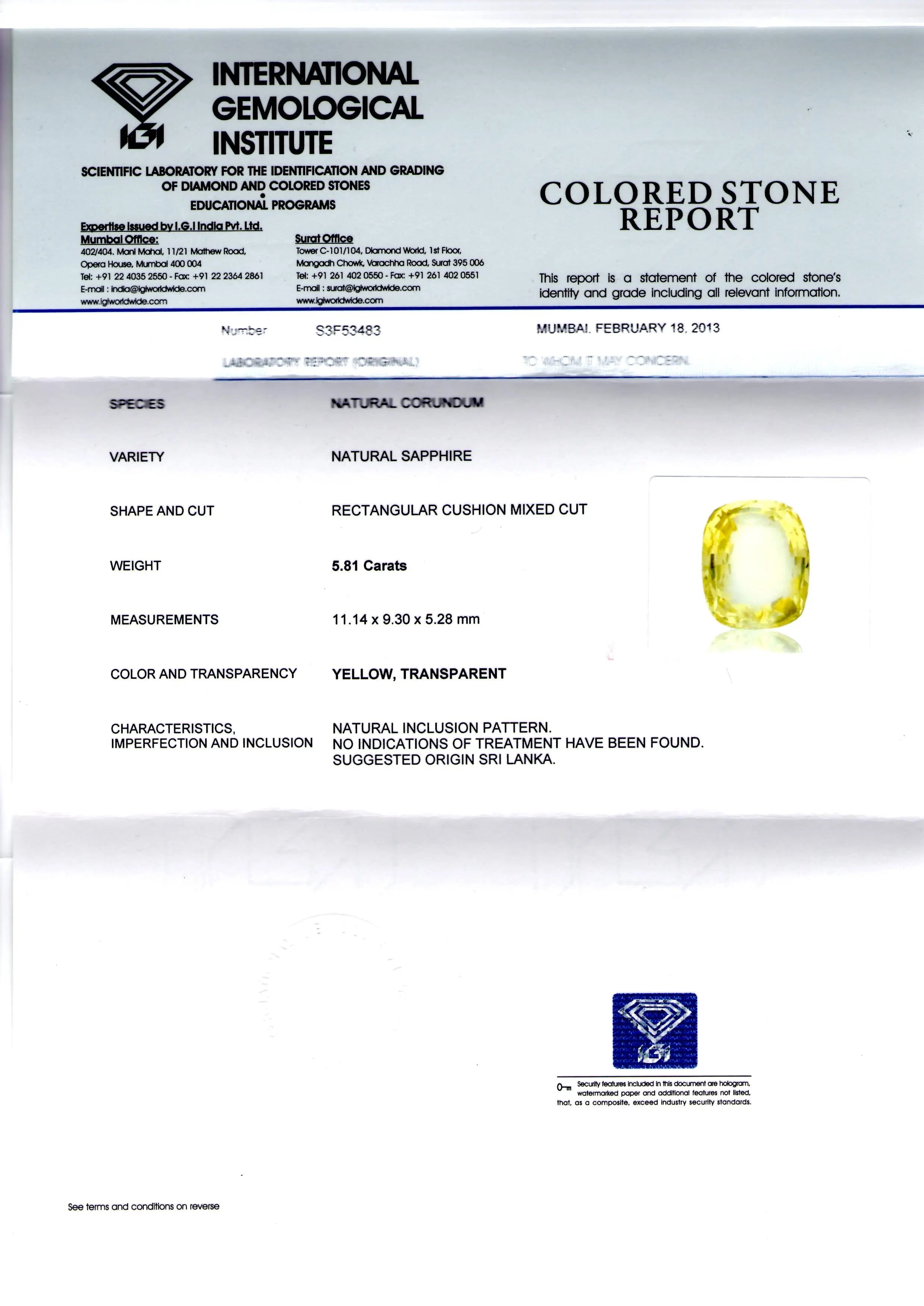 5.81 Ct IGI Certified Unheated Natural Ceylon Yellow Sapphirej