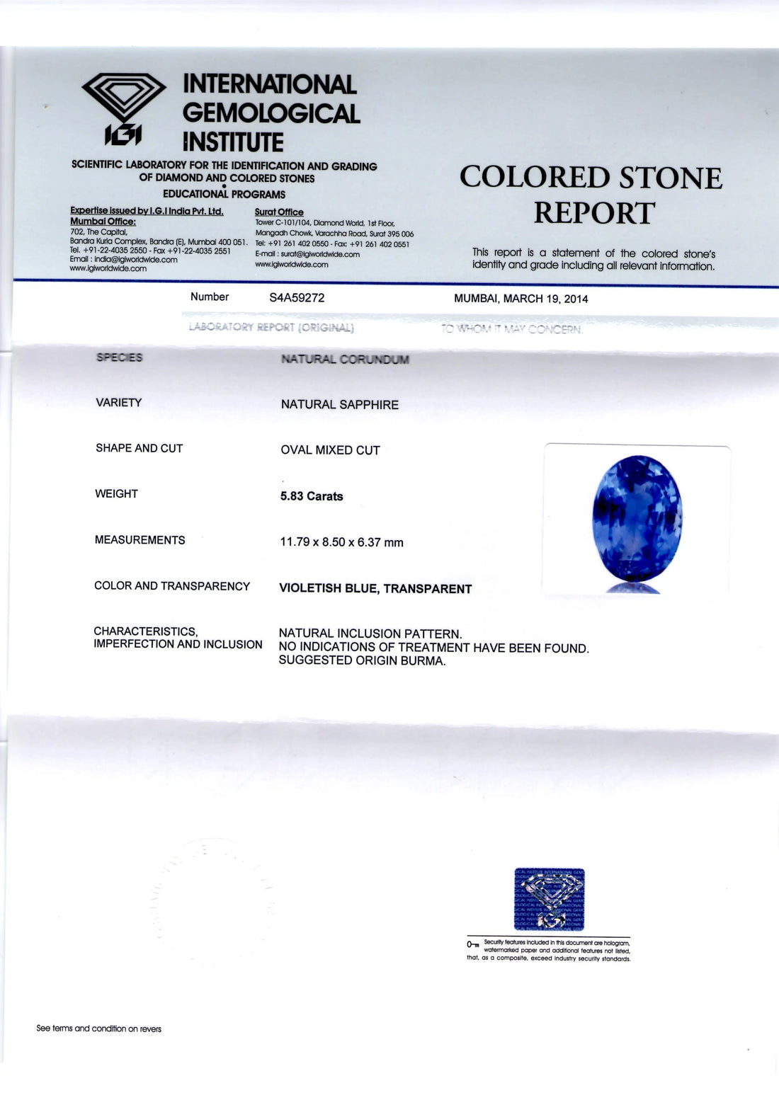 5.83 Ct Unheated Untreated Natural BURMA Blue Sapphire Neelam