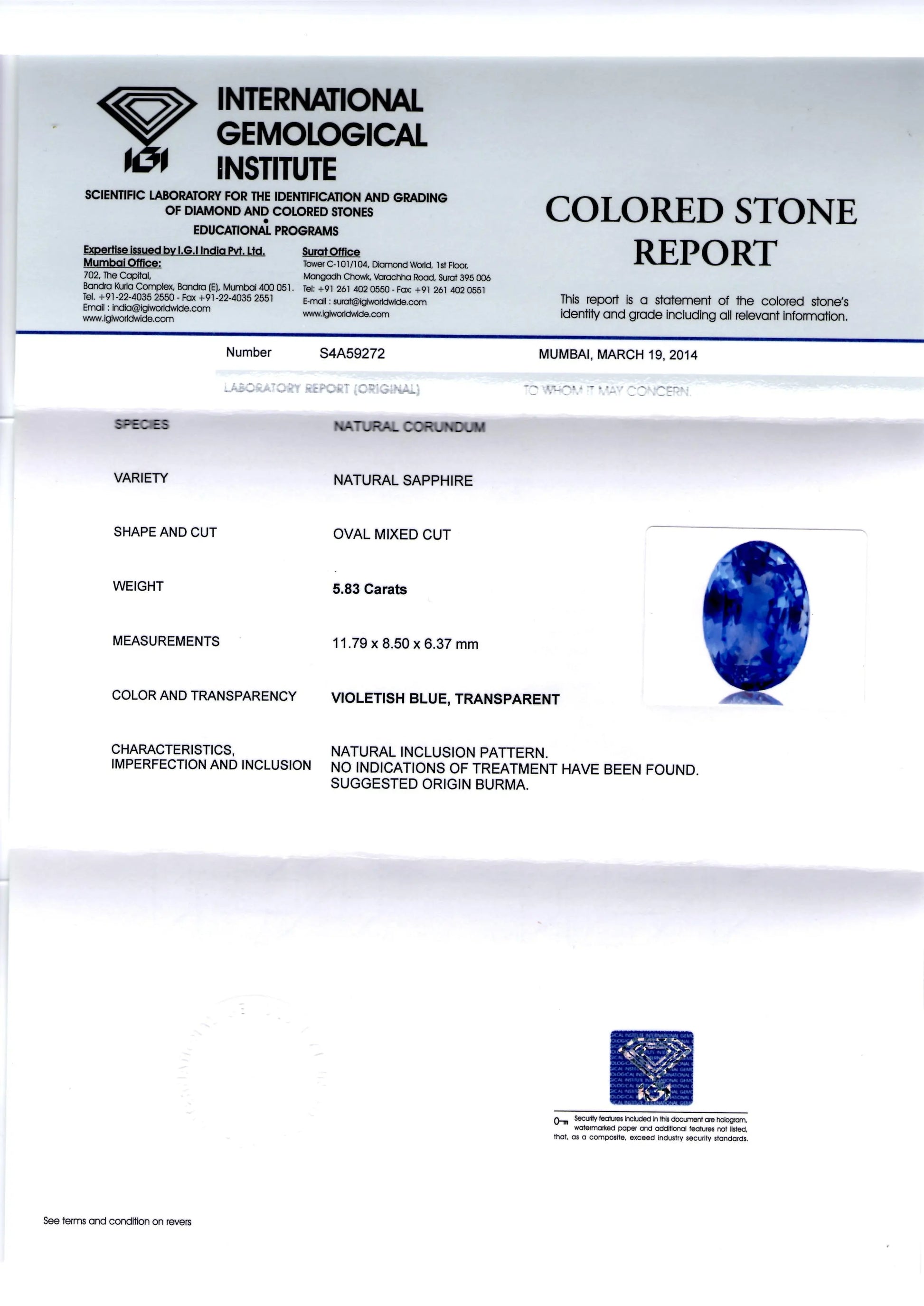 5.83 Ct Unheated Untreated Natural BURMA Blue Sapphire Neelam