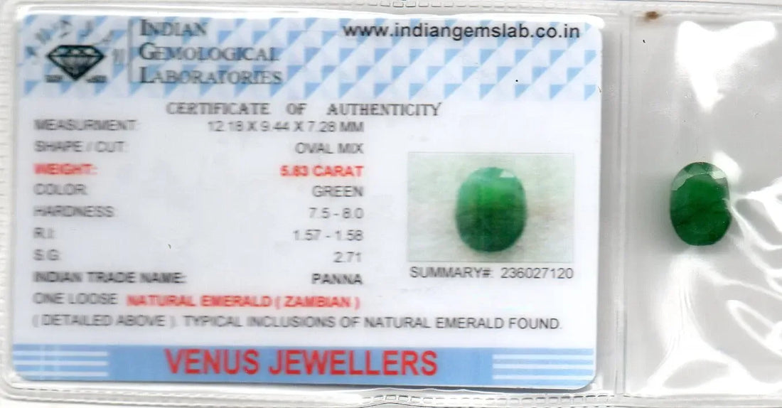 5.83 Ct Certified Untreated Natural Zambian Emerald Panna Gemstone - Venus Gems