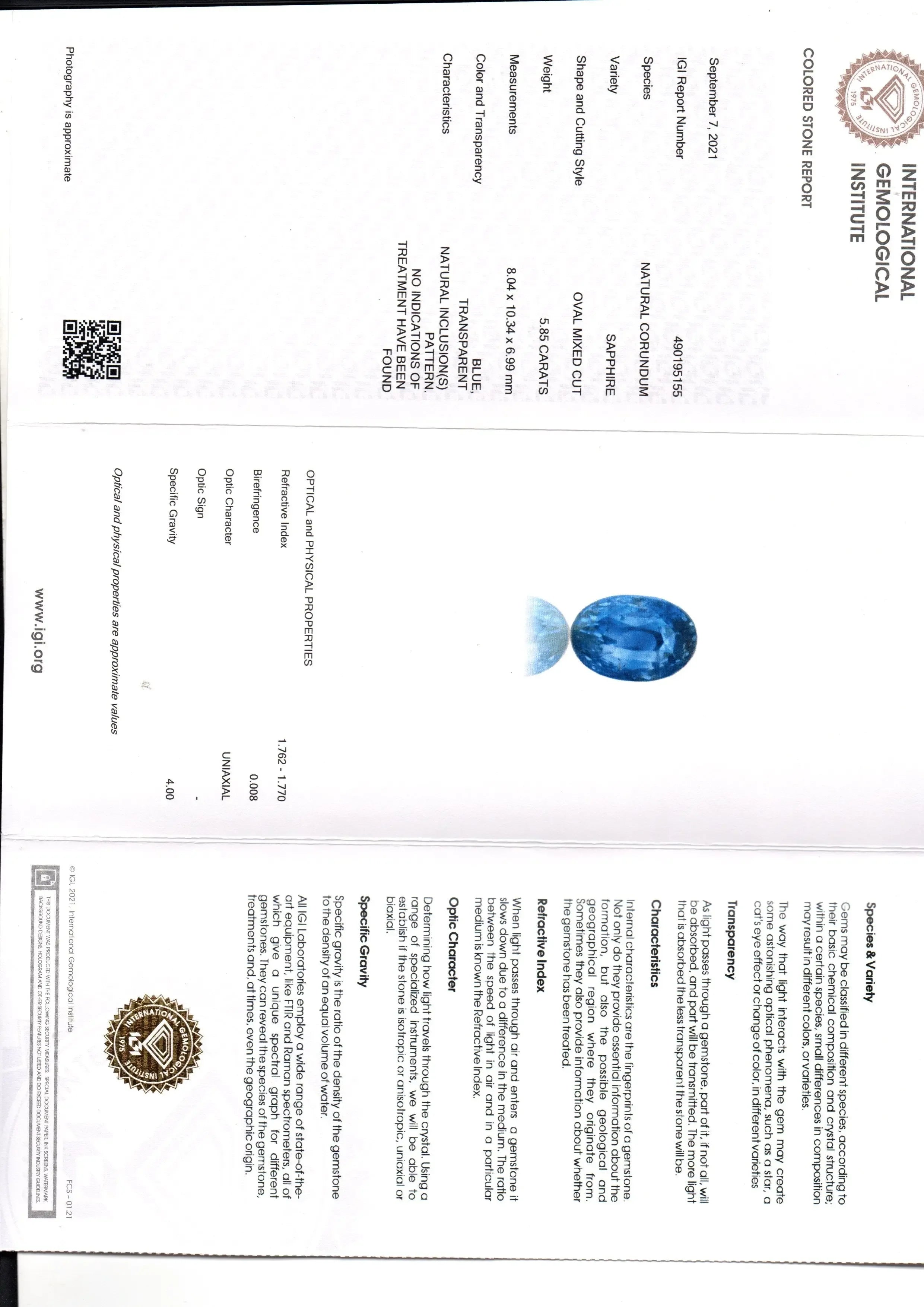 5.85 Ct IGI Certified Unheated Untreated Natural Ceylon Blue Sapphire - Venus Gems