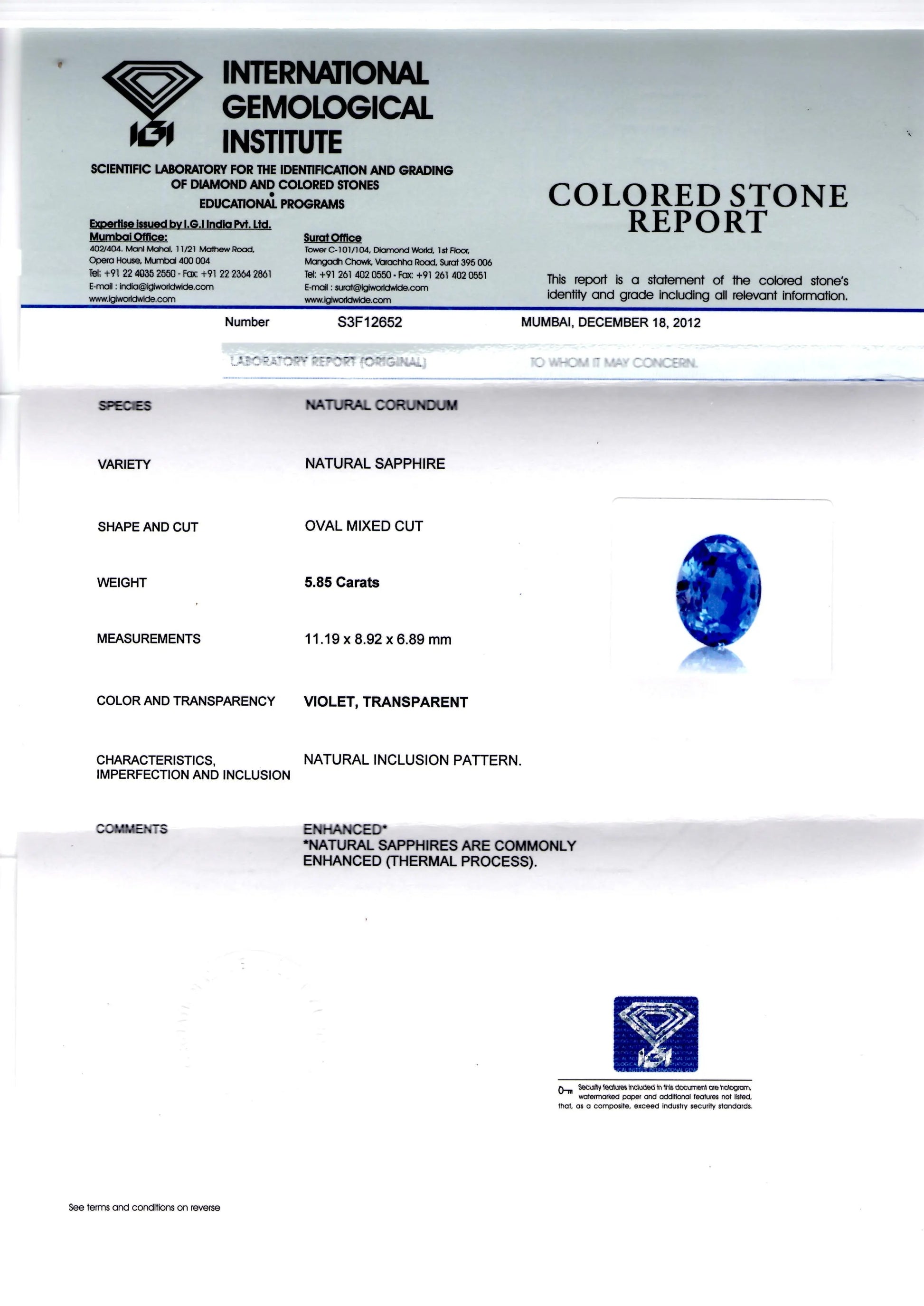 5.85 Ct IGI Certified Untreated Natural Ceylon Blue Sapphire AAA