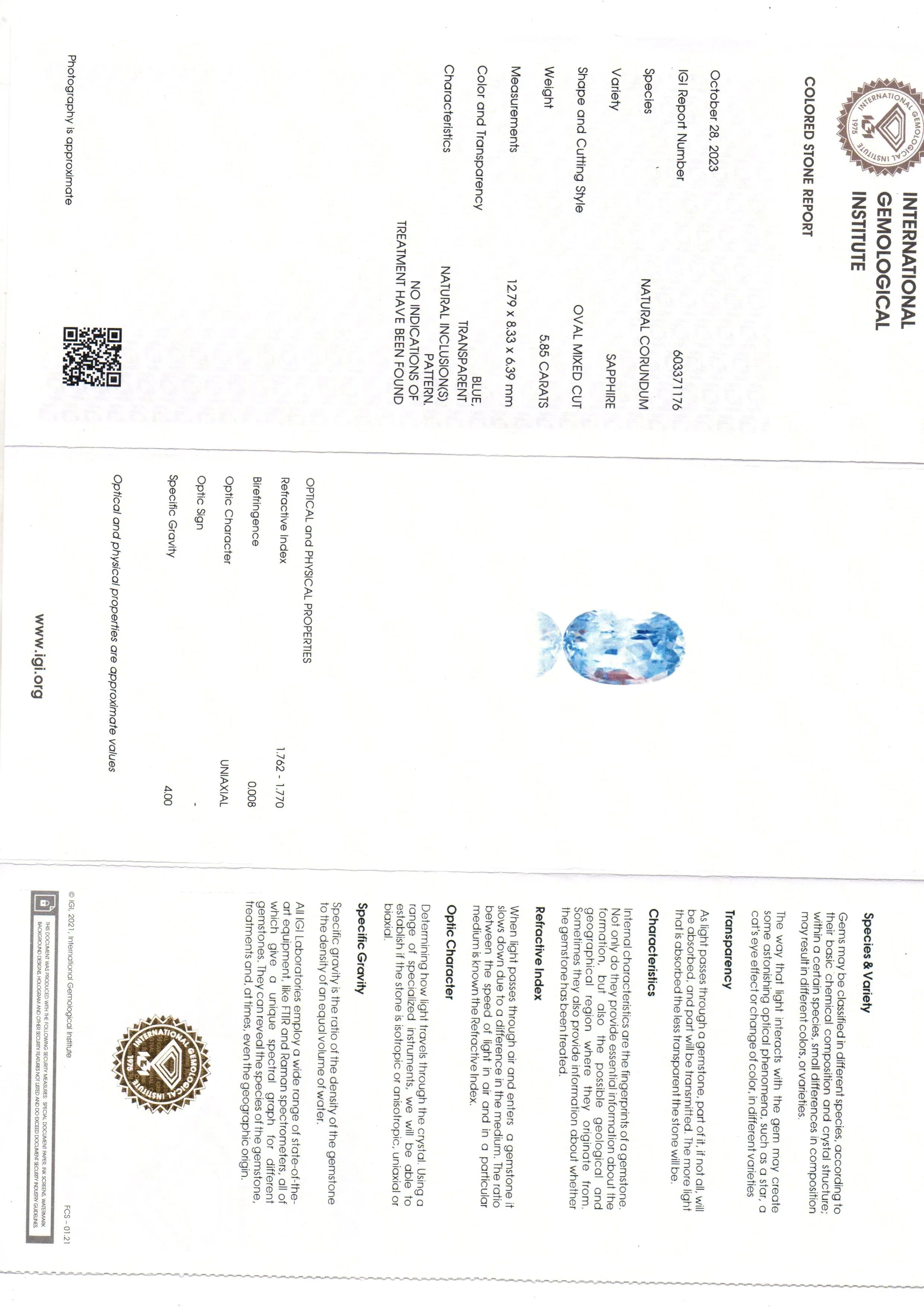 5.85 Ct IGI Certified Unheated Untreated Natural Ceylon Blue Sapphire - Venus Gems