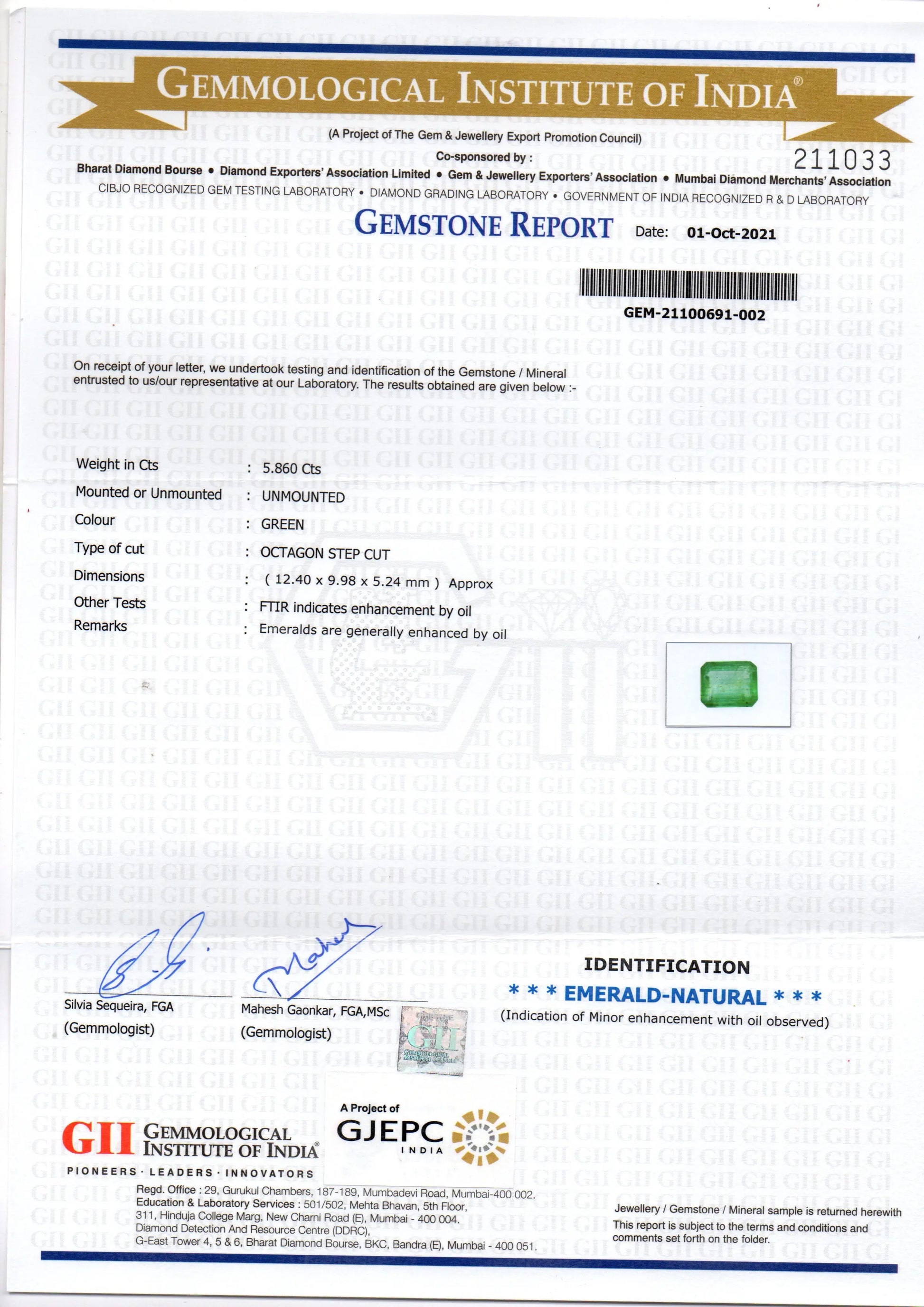 5.86 Ct GII Certified Untreated Natural Zambian Emerald Gemstone AAA