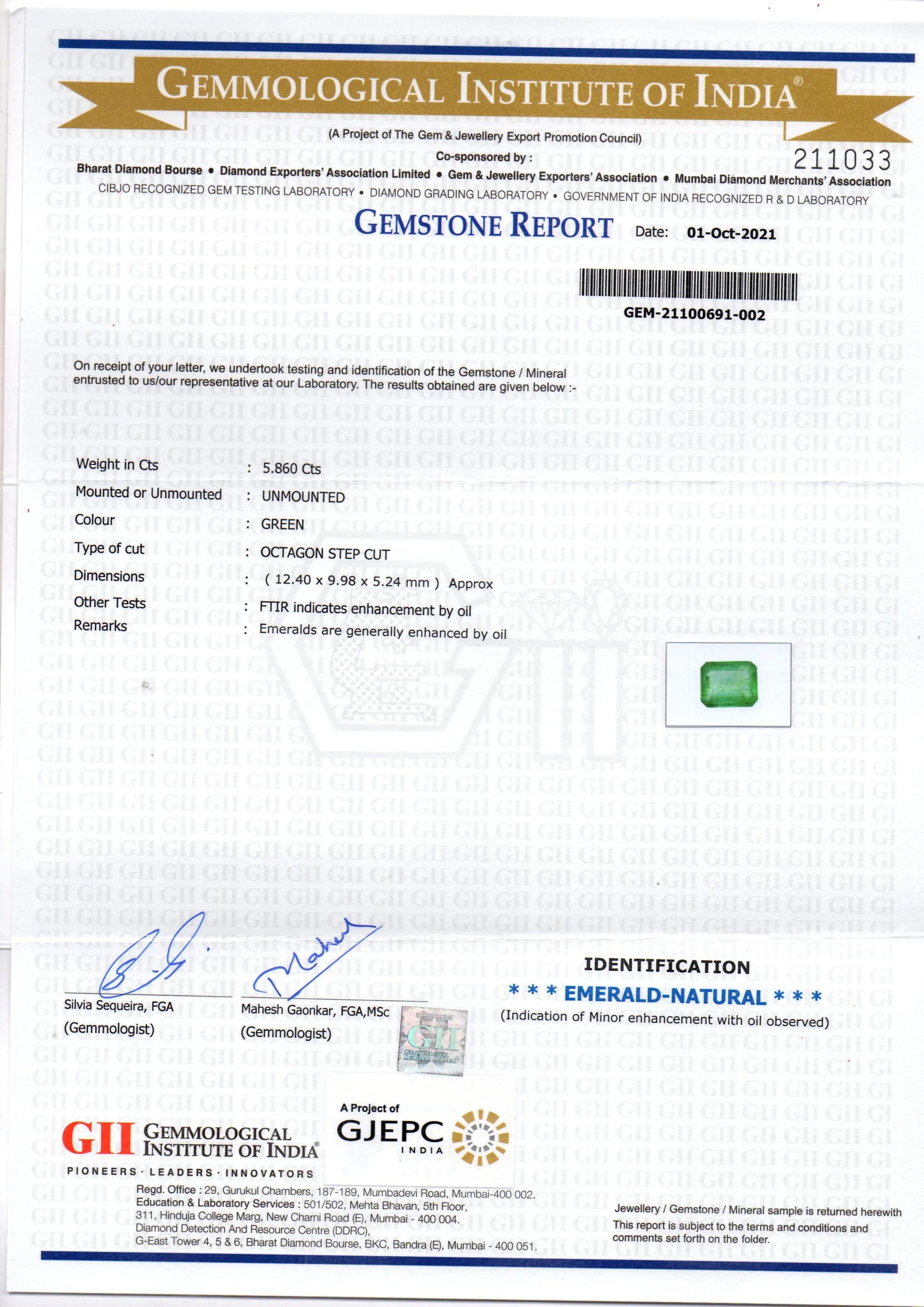 5.86 Ct GII Certified Untreated Natural Zambian Emerald Gemstone AAA