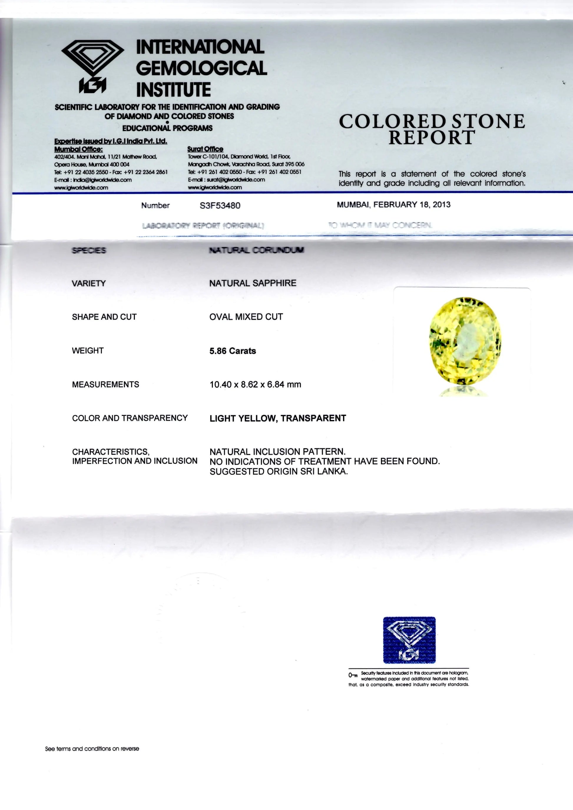 5.86 Ct Unheated Natural Ceylon Yellow Sapphire/Pukhraj IGI Certified