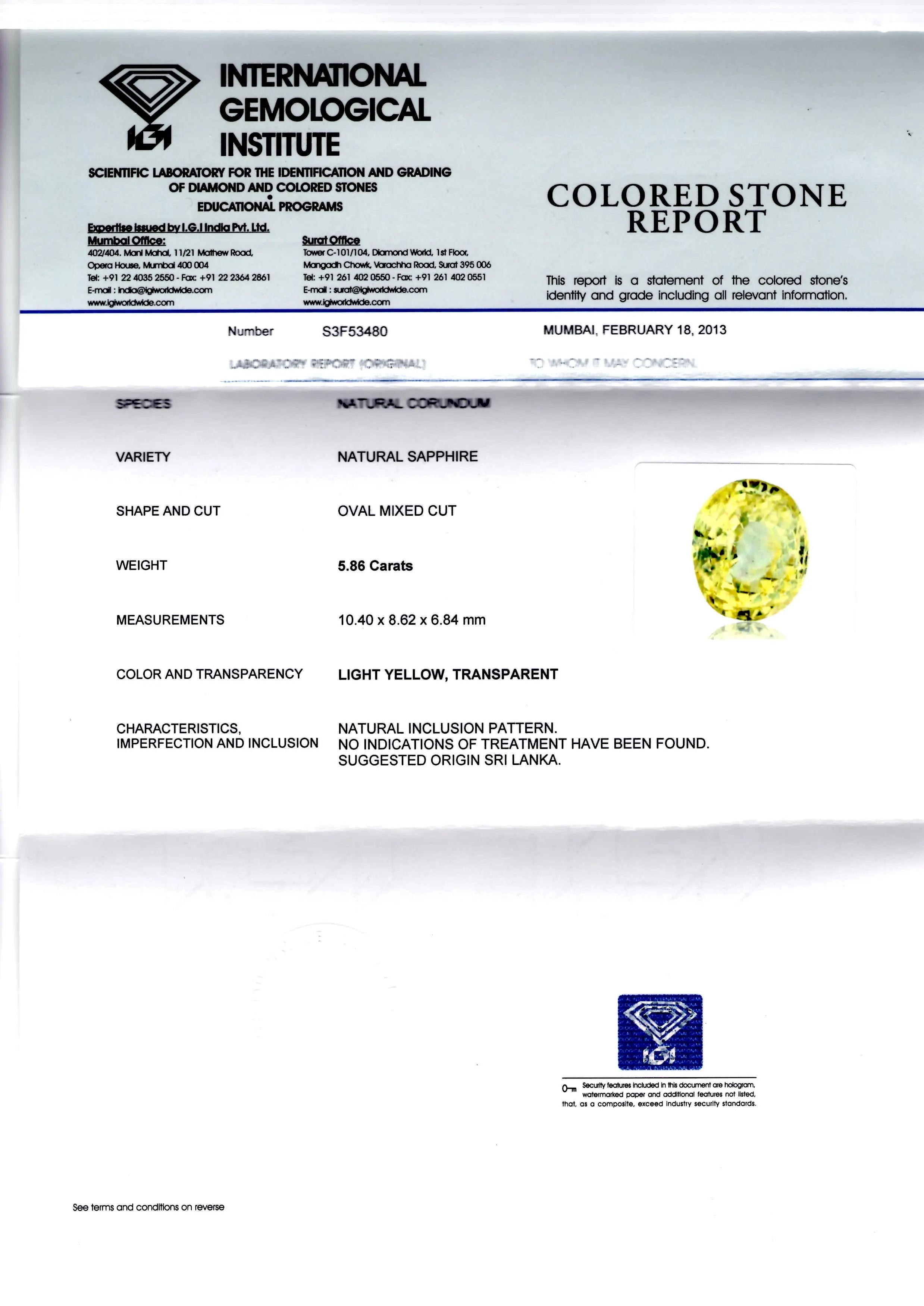 5.86 Ct Unheated Natural Ceylon Yellow Sapphire/Pukhraj IGI Certified