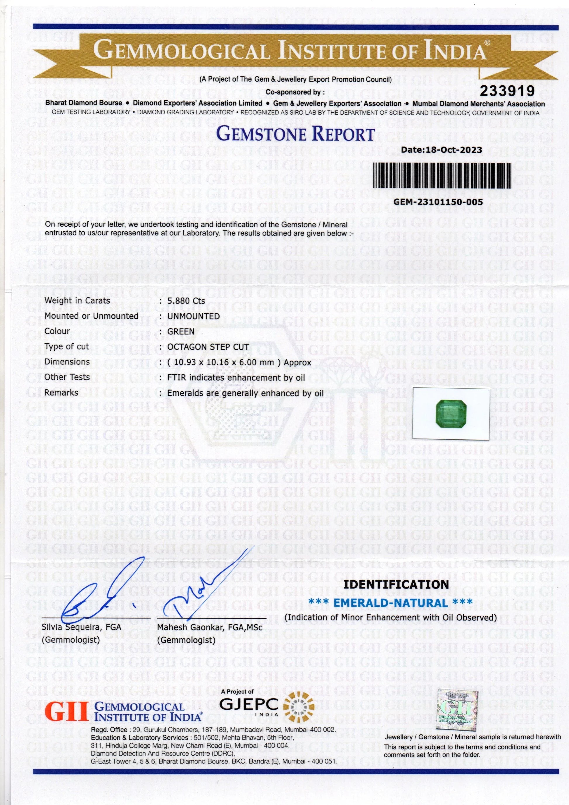 5.88 Ct GII Certified Untreated Natural Zambian Emerald Panna Gems - Venus Gems