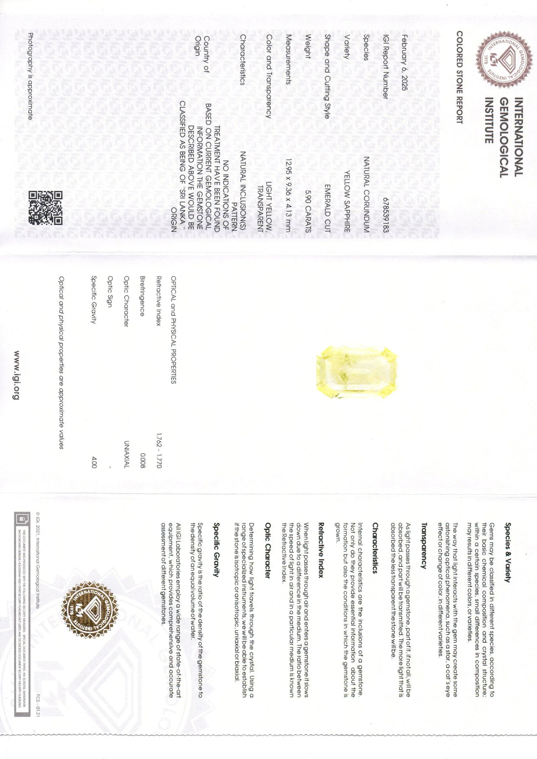 5.90 Ct IGI Certified Unheated Untreated Natural Ceylon Yellow Sapphire - Venus Gems