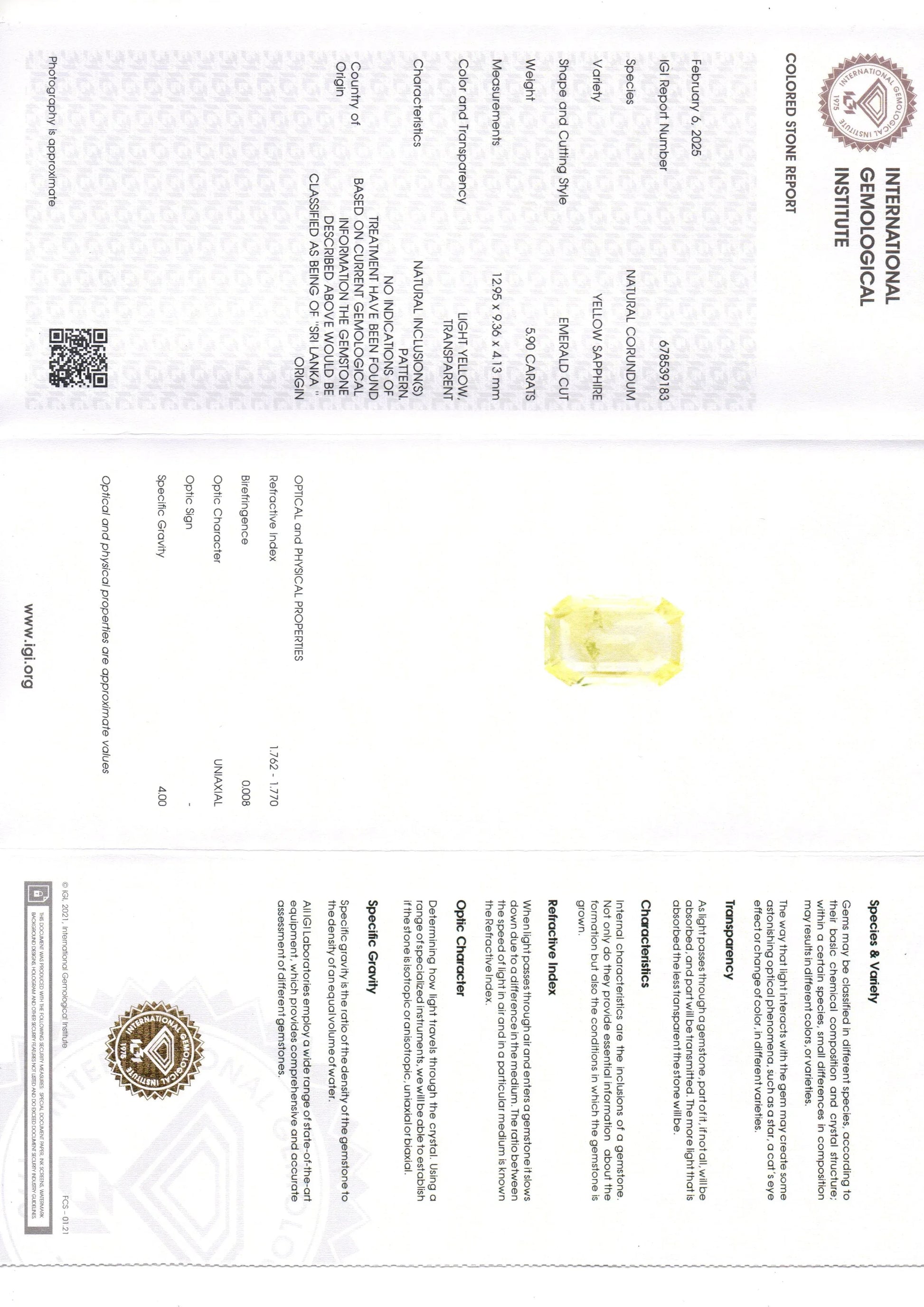 5.90 Ct IGI Certified Unheated Untreated Natural Ceylon Yellow Sapphire - Venus Gems