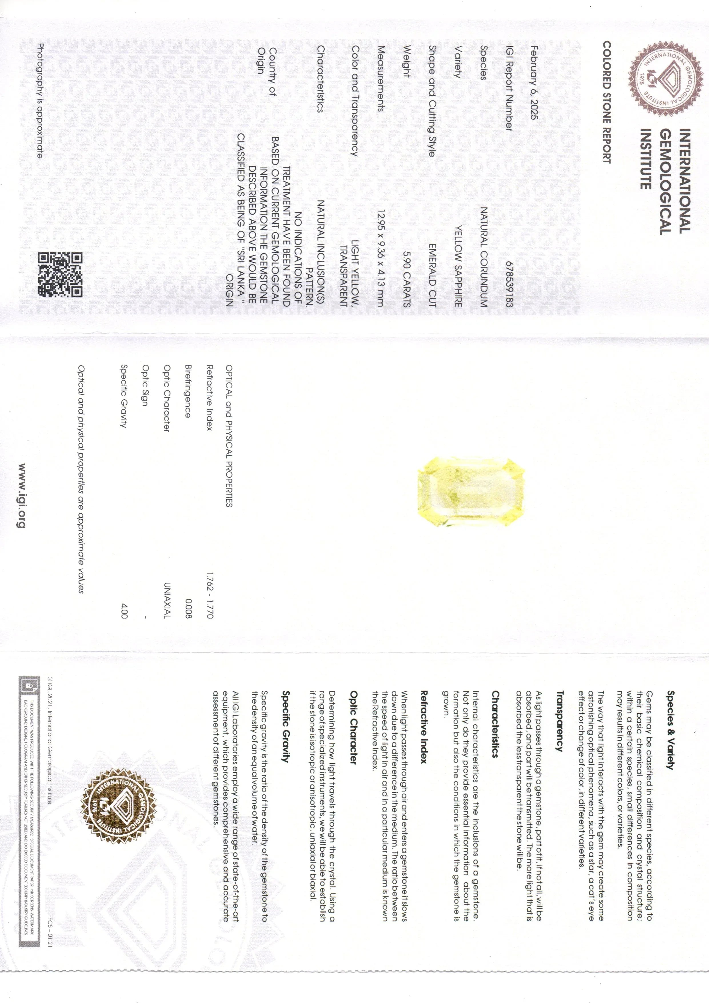 5.90 Ct IGI Certified Unheated Untreated Natural Ceylon Yellow Sapphire - Venus Gems