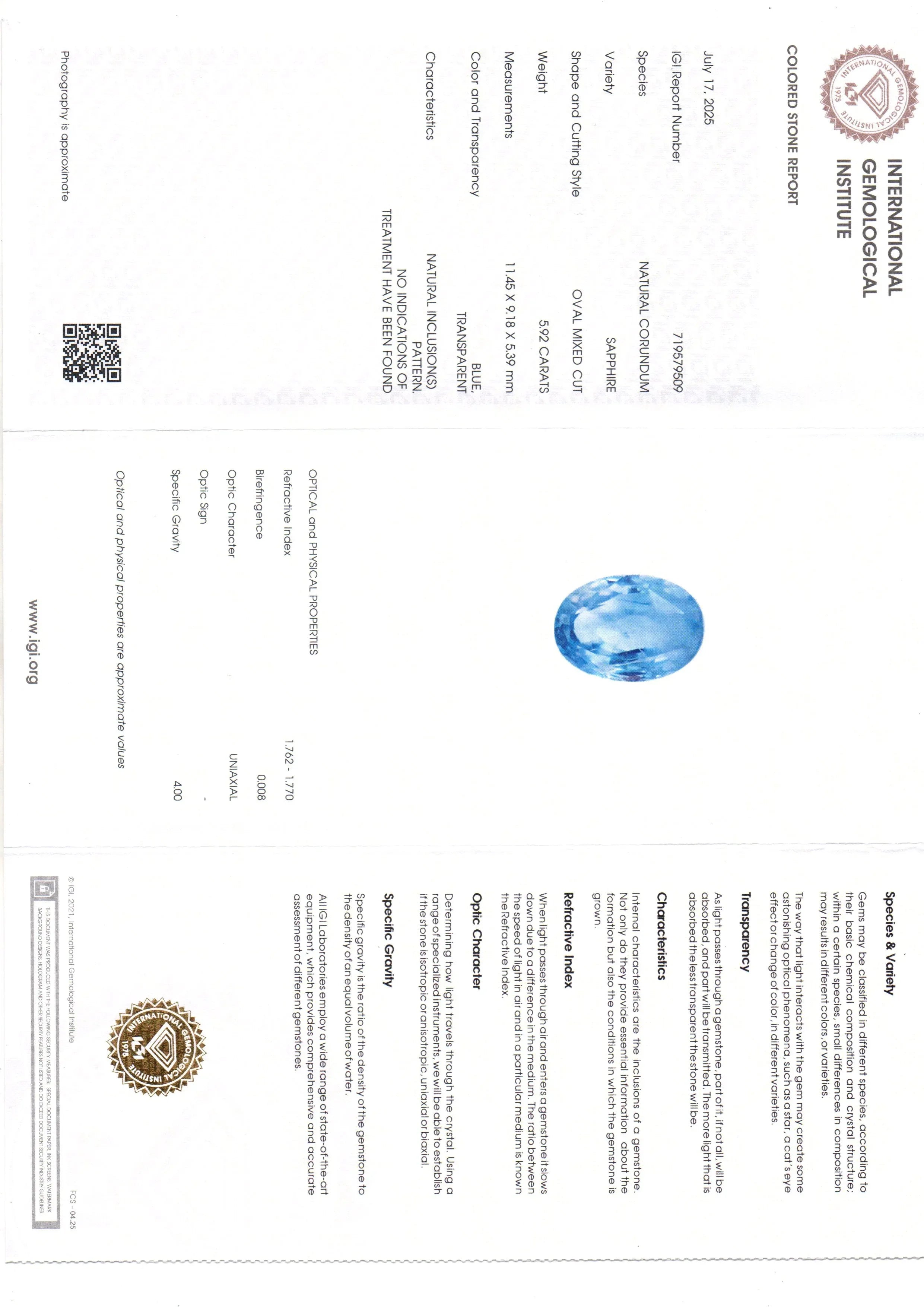 5.92 Ct IGI Certified Unheated Untreated Natural Ceylon Blue Sapphire - Venus Gems