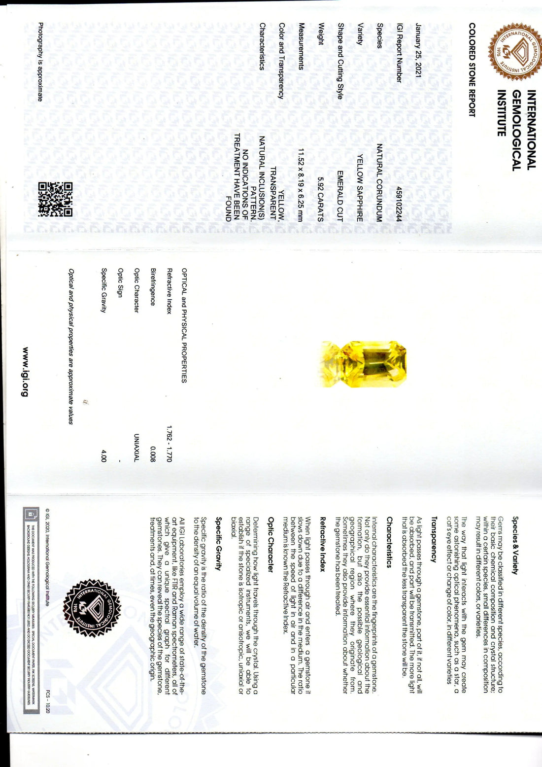 5.92 Ct IGI Certified Unheated Untreated Natural Ceylon Yellow Sapphire AAA