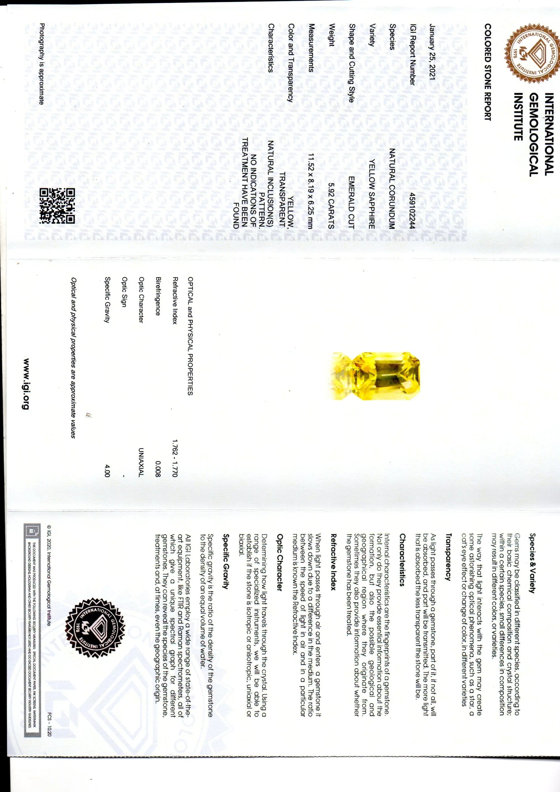 5.92 Ct IGI Certified Unheated Untreated Natural Ceylon Yellow Sapphire AAA