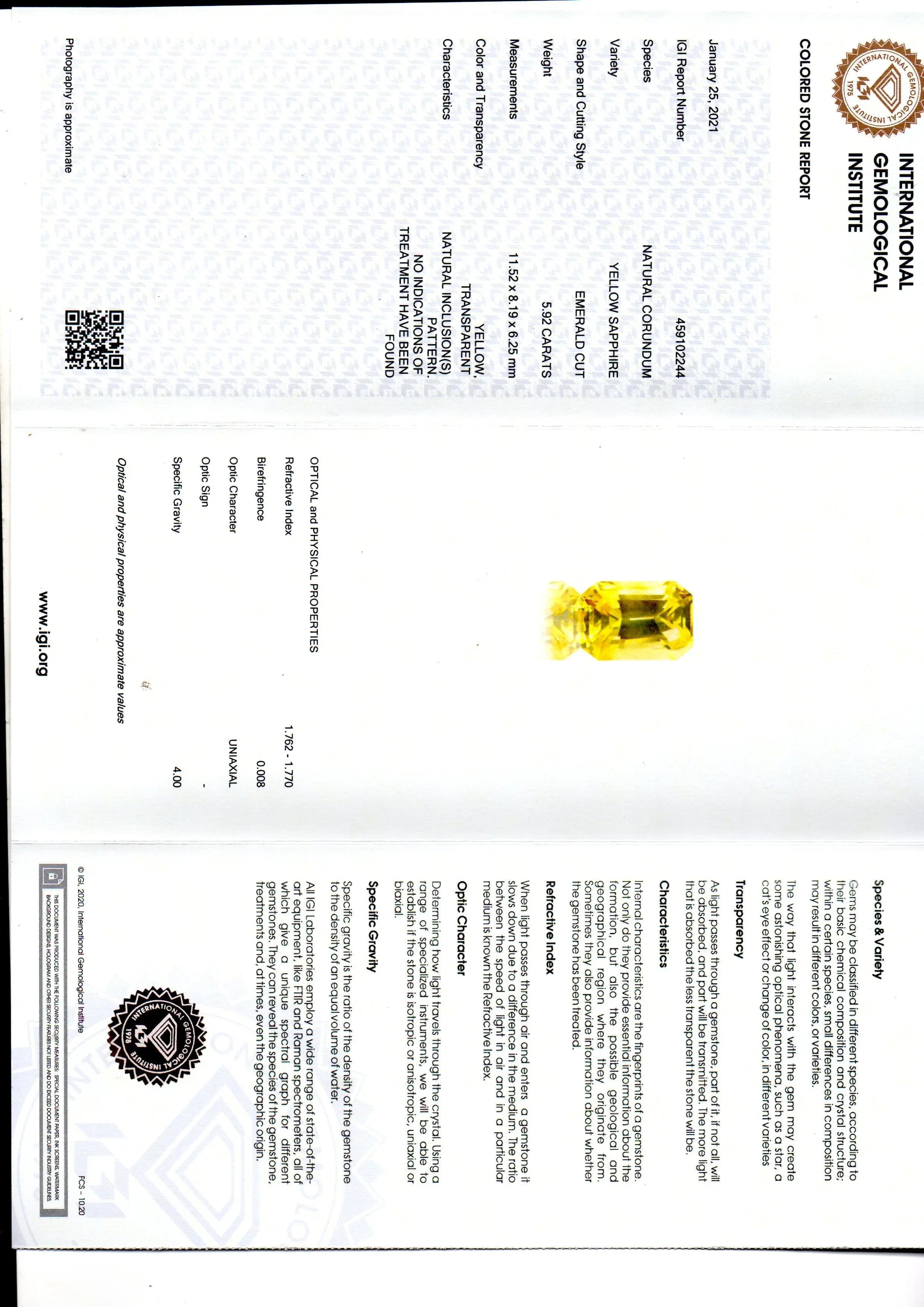 5.92 Ct IGI Certified Unheated Untreated Natural Ceylon Yellow Sapphire AAA