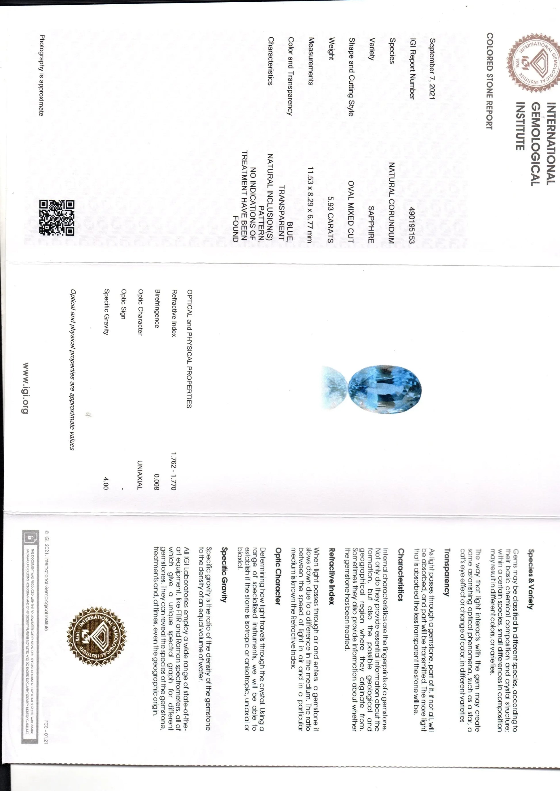 5.93 Ct IGI Certified Unheated Untreated Natural Ceylon Blue Sapphire AAA - Venus Gems