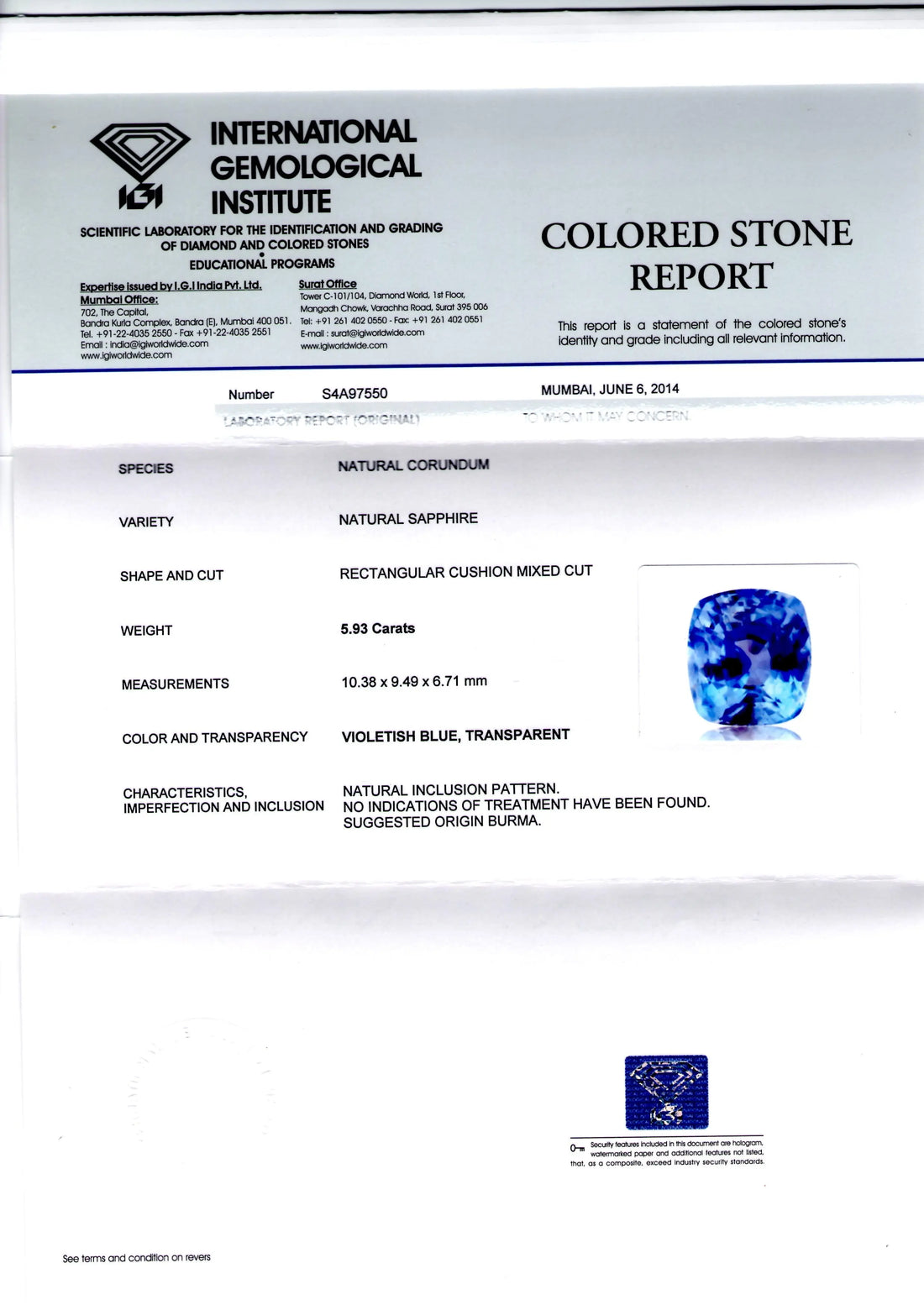 5.93 Ct IGI Certified Unheated Untreated Natural Burma Blue Sapphire