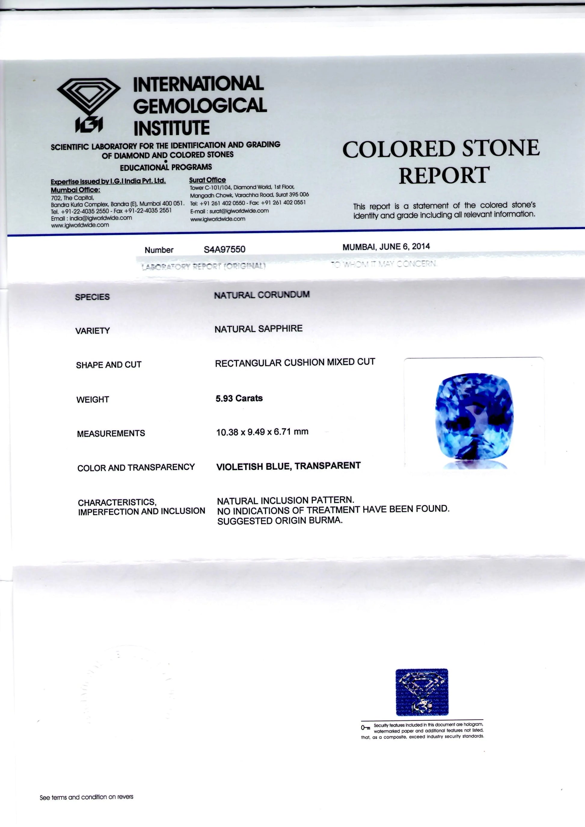 5.93 Ct IGI Certified Unheated Untreated Natural Burma Blue Sapphire