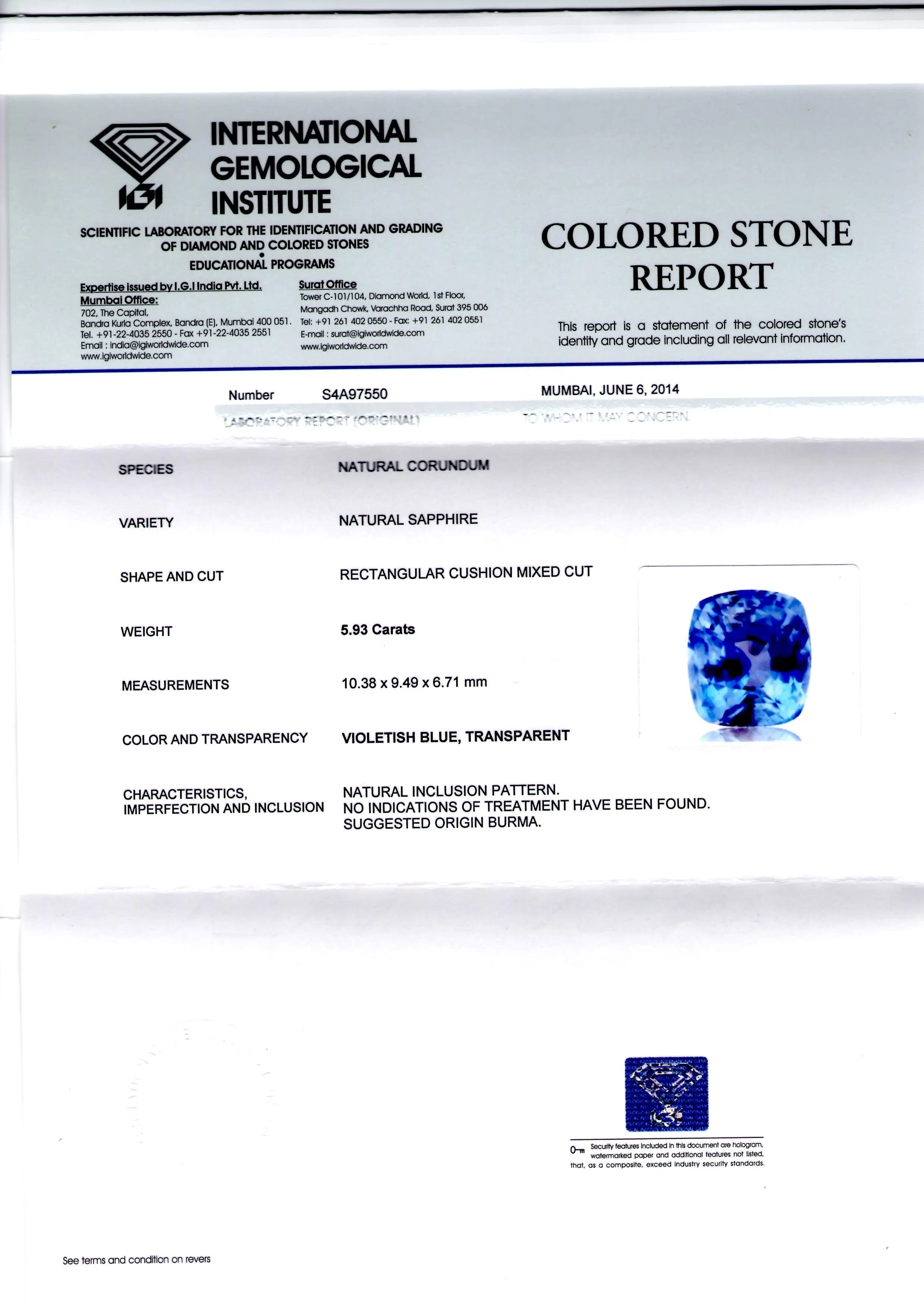 5.93 Ct IGI Certified Unheated Untreated Natural Burma Blue Sapphire