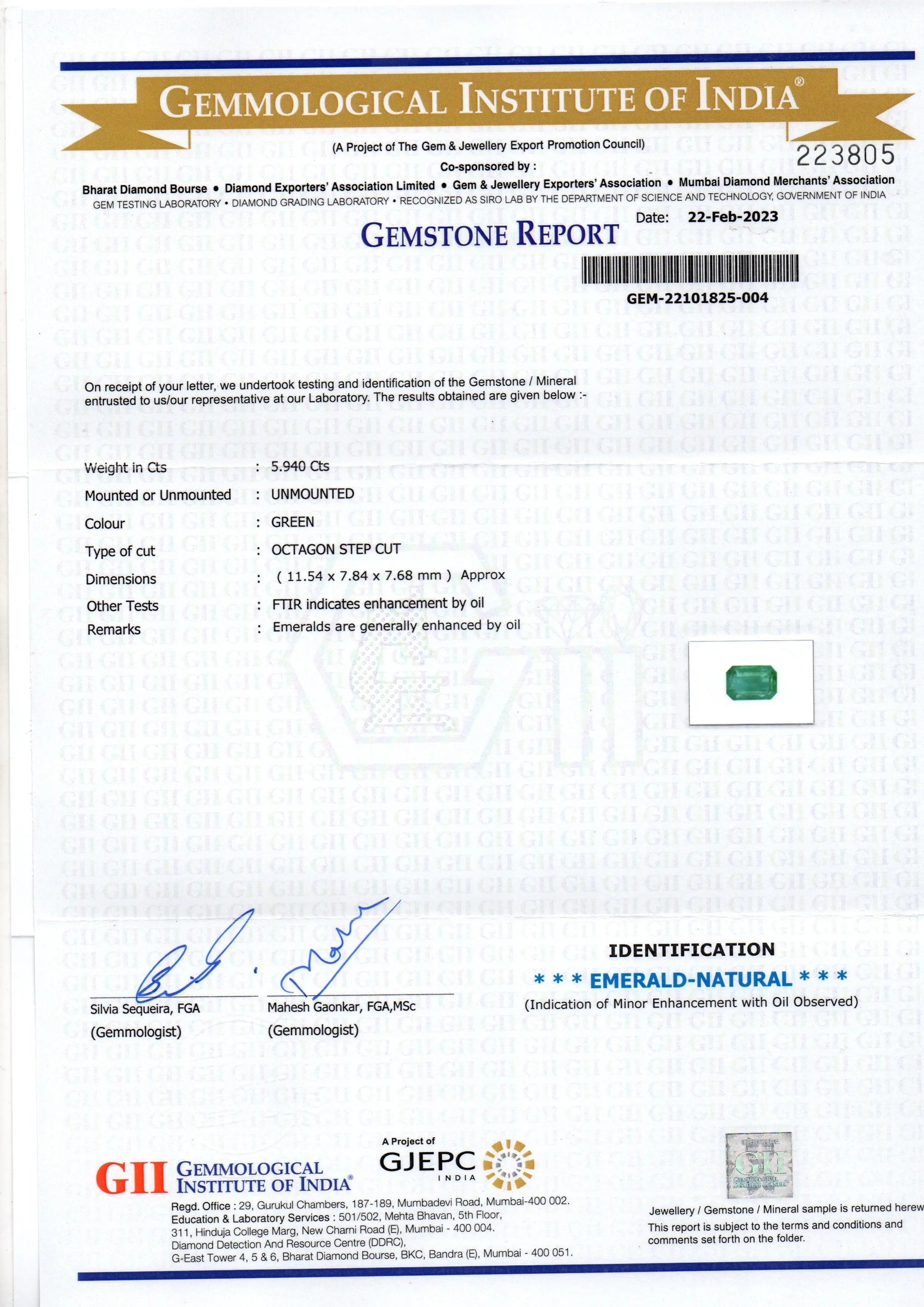 5.94 Ct GiI Certified Untreated Natural Zambian Emerald Gemstone Panna