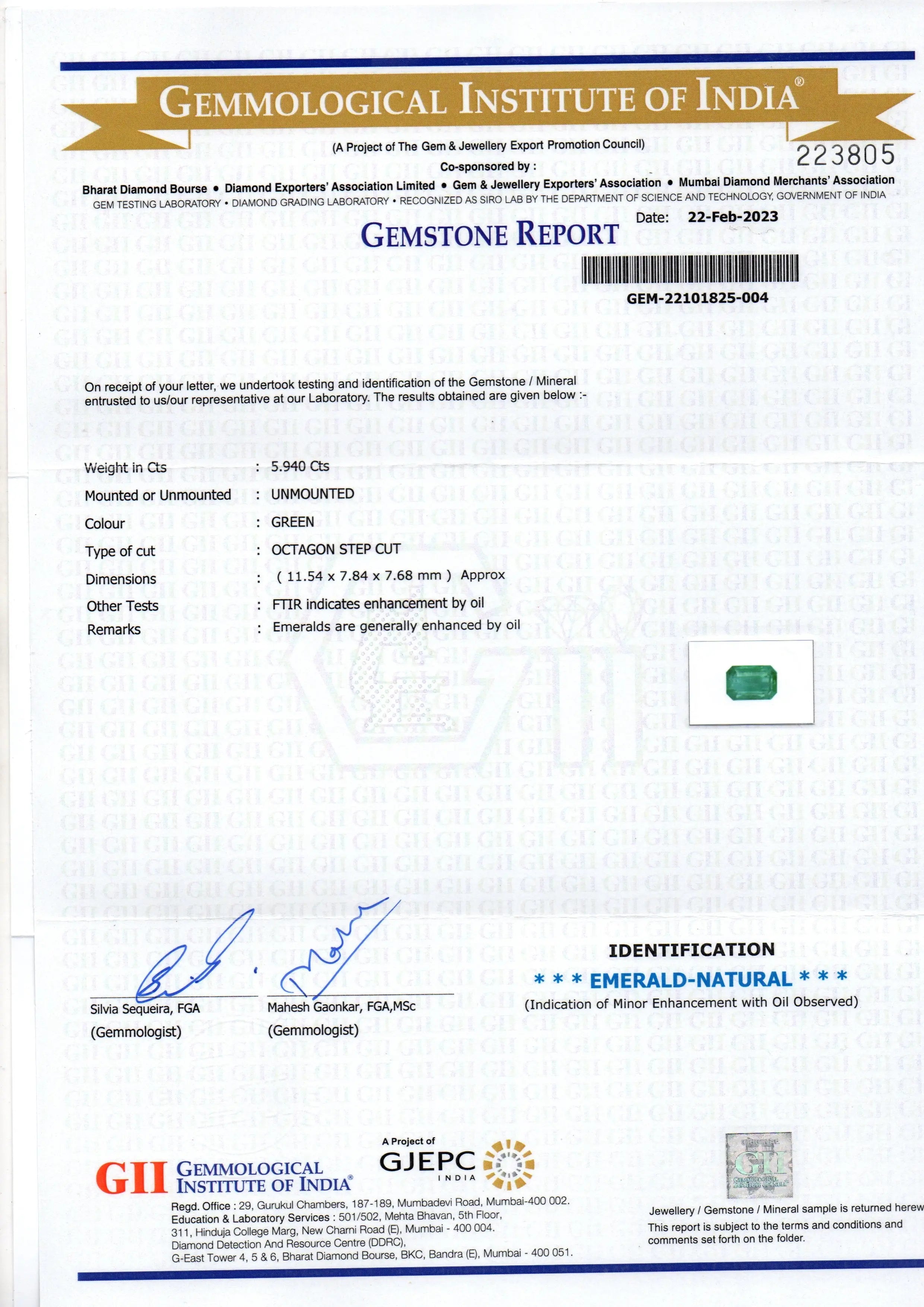 5.94 Ct GiI Certified Untreated Natural Zambian Emerald Gemstone Panna