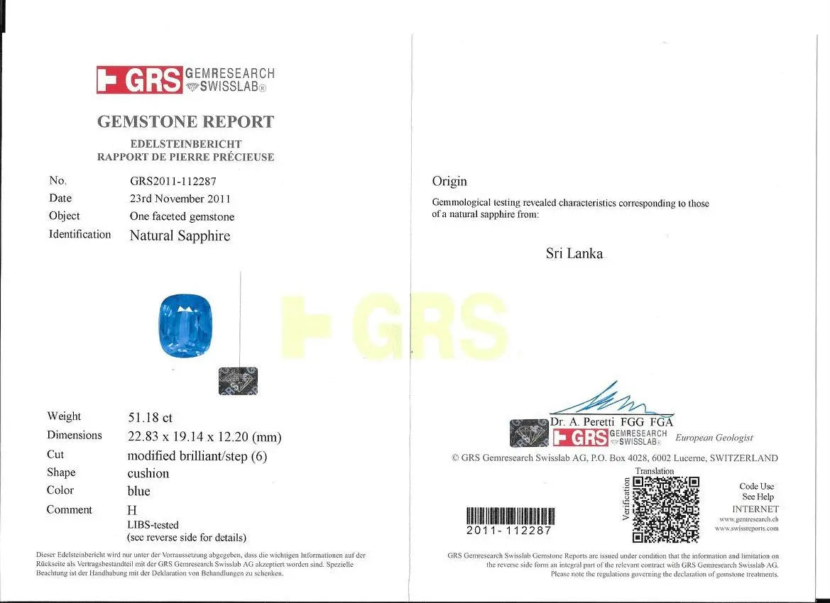 Huge 51.18 Ct GRS Certified Untreated Natural Ceylon Blue Sapphire AA