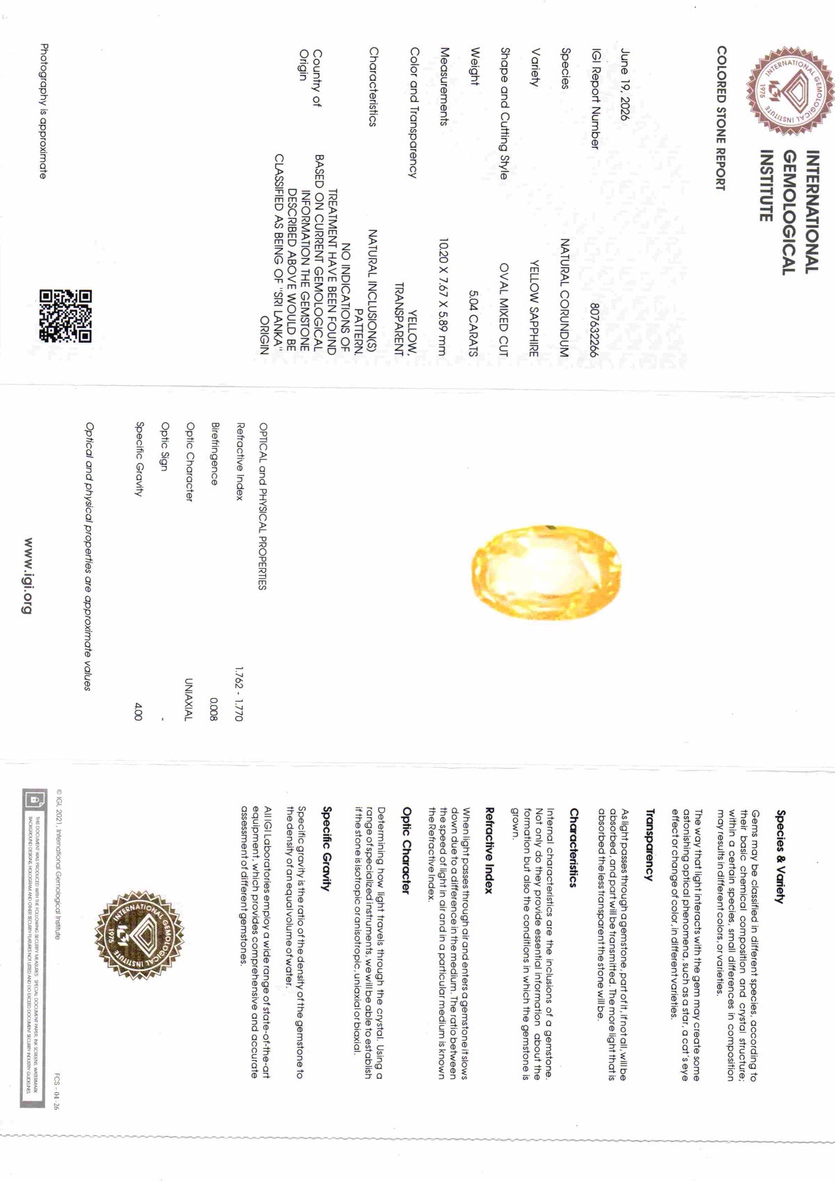5.04 Ct IGI Certified Unheated Natural Ceylon Yellow Sapphire Pukhraj – 5.53 Ratti
