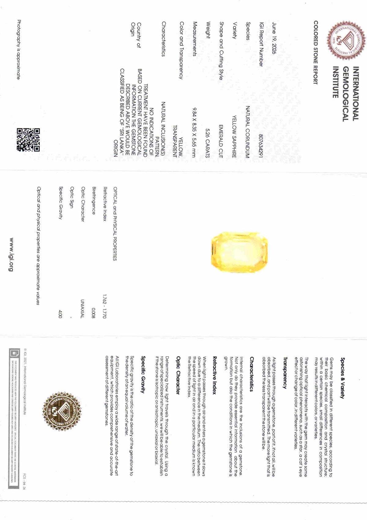 5.26 Ct IGI Certified Unheated Natural Ceylon Yellow Sapphire Pukhraj – 5.78 Ratti