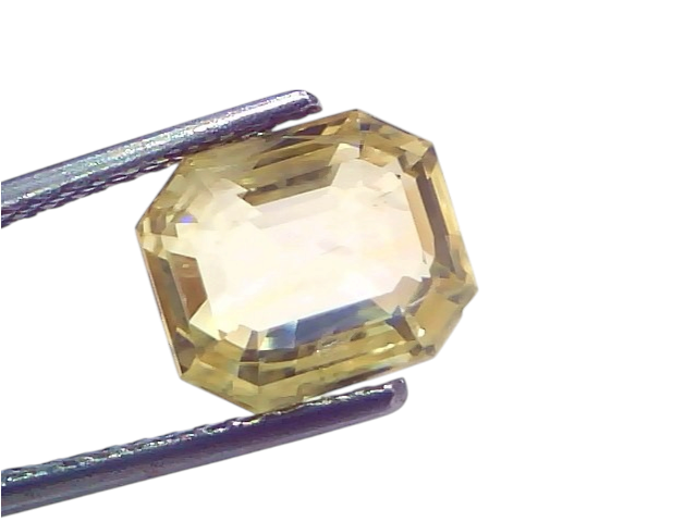 5.26 Ct IGI Certified Unheated Natural Ceylon Yellow Sapphire Pukhraj in an octagonal cut, showcasing a vibrant yellow hue.