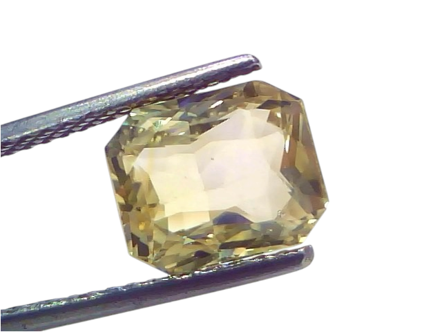 5.16 Ct IGI Certified Unheated Natural Ceylon Yellow Sapphire Pukhraj, octagonal cut, held by tweezers against a white backgr