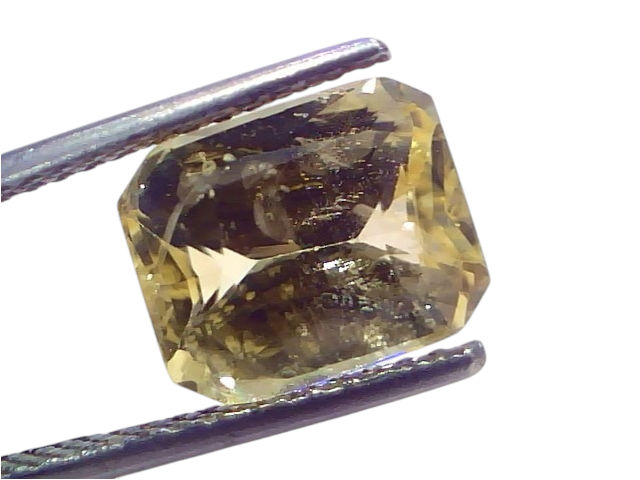 5.53 Ct IGI Certified Unheated Natural Ceylon Yellow Sapphire Pukhraj, showcasing a faceted, yellow gemstone held by tweezers