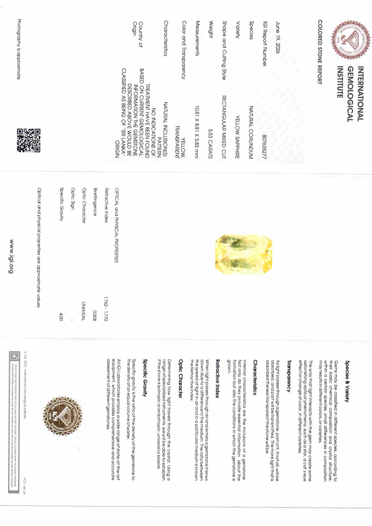 5.53 Ct IGI Certified Unheated Natural Ceylon Yellow Sapphire Pukhraj – 6.07 Ratti